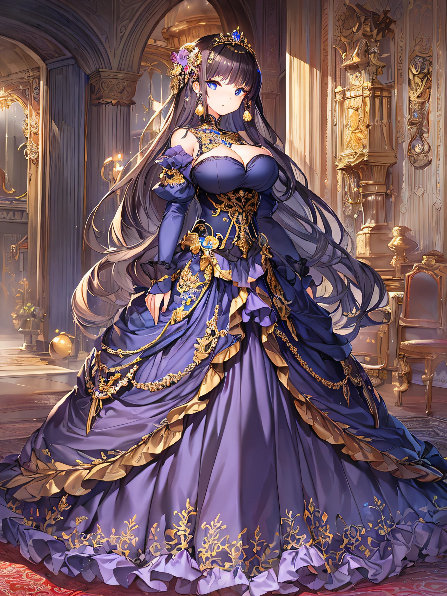 ((anime artstyle)),(Masterpiece),(Best Quality), (Super Detail),Illustration,((Very Delicate and Beautiful)),Focus on character,Dynamic Angle,Looking at viewer,((Solo)),standing,(((full body))),((one noble princess in gorgeous ball gown with voluminous skirt)),detailed face and eyes,jewel-like eyes,((Very Long voluminous Hair)),gorgeous embroidery and lace,See-through,ornate ruffles,Gorgeous jewelry ornaments,(gigantic breasts,Long breasts),((gorgeous ball gown with voluminous skirt)),full body