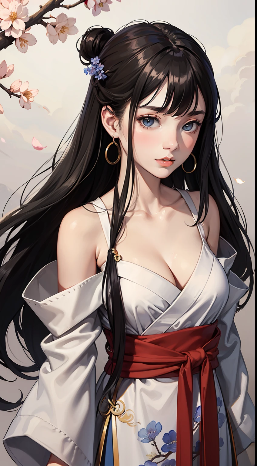 portrait of a girl, (face:1.2), Floating hair, wind, clouds, sunshine, movie light, bangs, face close-up, sky background, oil painting texture, clear hair, light hair, flowers, girls, smiles, bright eyes, single line shoulder, collarbone, shirt, autumn, ???? shoulder, ???? tree, black hair, branch, cherry blossom, cleavage,coat, (robe:1.21), collarbone, earrings, gray background, hair accessories, Hanfu, Holding a pipe, jewelry, lips, long hair, ??????????????, sitting, solo, tassel, tree, wide sleeves, see through clothes, translucent clothes, silk, Shuke walking horse, negative space, ink painting, standing woman portrait, Willow Branch, (Masterpiece best quality :1.2), traditional Chinese ink painting, model shooting style, peace, looking at the audience, wearing long Hanfu, Song, Willow as background, Ochangshuo, shirt, ???? whole body, head to toe, natural body, girly feeling, flying hair