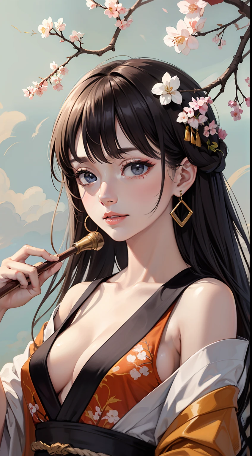 portrait of a girl, (face:1.2), Floating hair, wind, clouds, sunshine, movie light, bangs, face close-up, sky background, oil painting texture, clear hair, light hair, flowers, girls, smiles, bright eyes, single line shoulder, collarbone, shirt, autumn, bare shoulder, bare tree, black hair, branch, cherry blossom, cleavage,coat, (robe:1.21), collarbone, earrings, gray background, hair accessories, Hanfu, Holding a pipe, jewelry, lips, long hair, medium breasts, sitting, solo, tassel, tree, wide sleeves, see through clothes, translucent clothes, silk, Shuke walking horse, negative space, ink painting, standing woman portrait, Willow Branch, (Masterpiece best quality :1.2), traditional Chinese ink painting, model shooting style, peace, looking at the audience, wearing long Hanfu, Song, Willow as background, Ochangshuo, shirt, nsfw whole body, head to toe, natural body, girly feeling, flying hair
