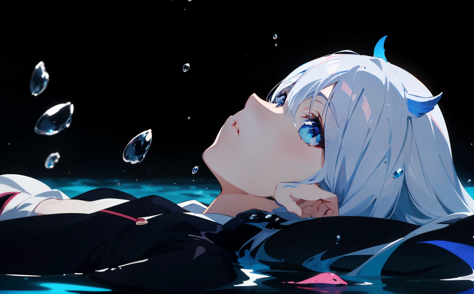 anime image of a woman floating in the water with her head in the water, anime girl on the surface of the water, waves, water drops, wading, Today's featured anime stills, (( ( ( Yoshinari Yoh ) ) ), animation stills, anime movie screenshots, characters half in the water, beautiful anime scenes, in anime movies, screenshots of anime from the 2012s, 8k wallpapers, masterpieces, cinematic lighting, top quality, illustrations, dramatic angles, ((color: 1.1)),((color inner hair: 1.4)), 1 girl, solo, long hair, water, blue eyes, parted lips, white, liquid hair, white hair, bangs, bangs, from side, silhouette, upper body, blue hair, simple background, gray background, bare shoulders, portrait, looking at the audience, white dress, between hair, colorful hair,pink hair, jewelry, white background, face lighting, dynamic lighting, cinematic lighting, ultra-realistic, high resolution, photography, Sharp focus, highest detail, extreme detail, super detail, fine detail, extremely detailed eyes and face