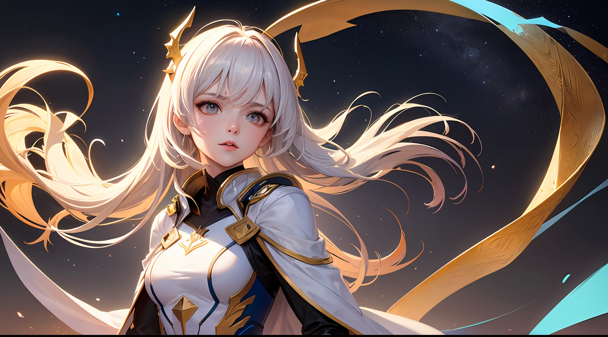 (Masterpiece, Top Quality, Best Quality, Official Art, Beauty and Aesthetics: 1.2), (1 Girl), Extreme Detail, (Fractal Art: 1.3), Colorful, Supreme Detail, Perfect Face, Upper Body, HDR, (Prayer: 1.3), (White Cloak Golden Lines: 1.2), Galaxy, (Light Stripes), Striking Visuals, (Dynamic Stripes, Glow Trajectory: 1.2), Bright Colors, Hands Folded