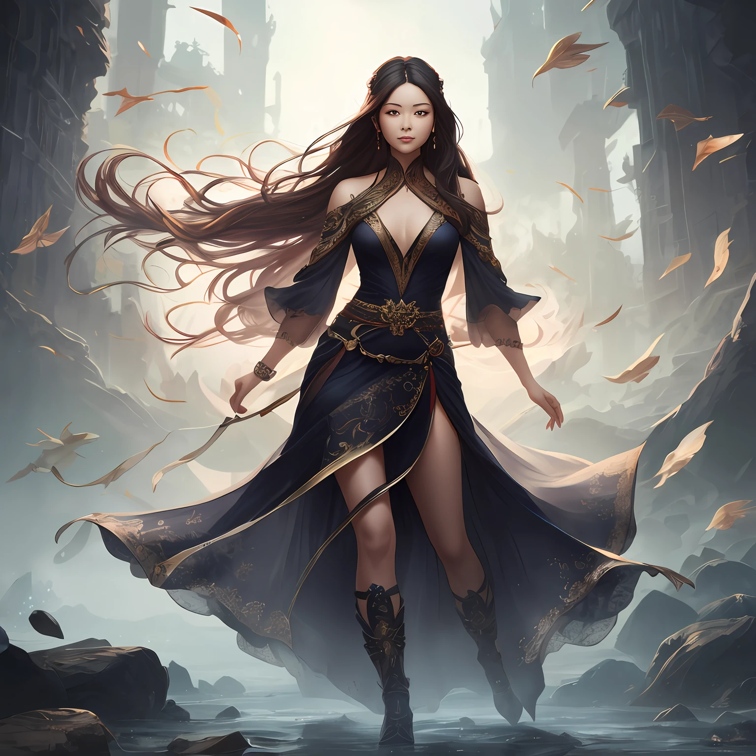 Full body photo of a long-haired woman in a dress, Guviz-style artwork, Guvez style, dangling and realistic. Cheng Yi, ethereal beauty, chatter. 4 k, in wlop style, trending at cgstation, by Russell Dongjun Lu, by Yang J, Ross tran 8 k --auto