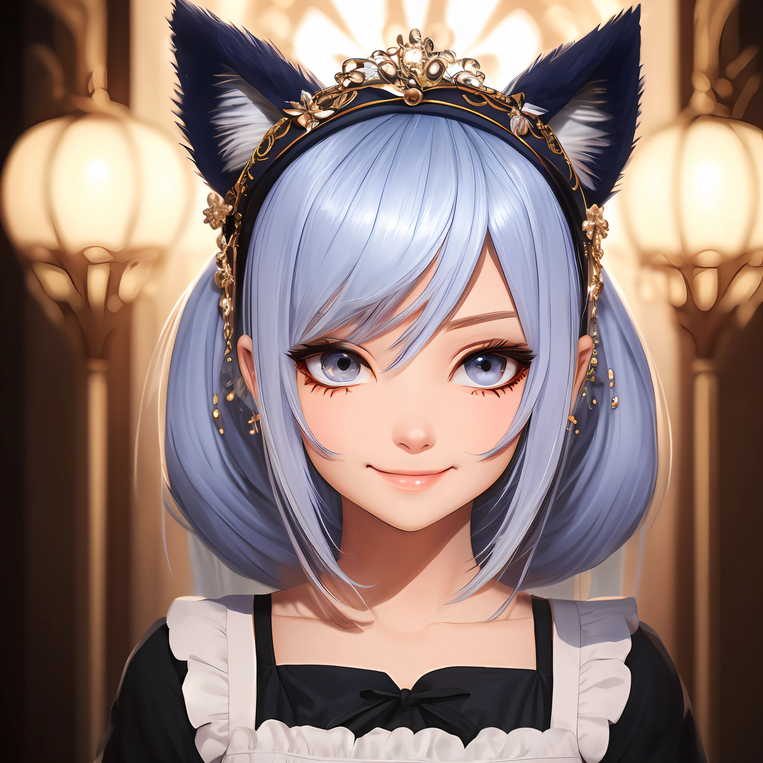 hair bobbles, wince, longeyelashes, solid circle eyes, fake animal ears, light smile, ear blush, fang, streaked hair, maid headdress, shy, Surrealism, drop shadow, anaglyph, stereogram, tachi-e, pov, Neoclassicism, super detail, ccurate, best quality --auto
