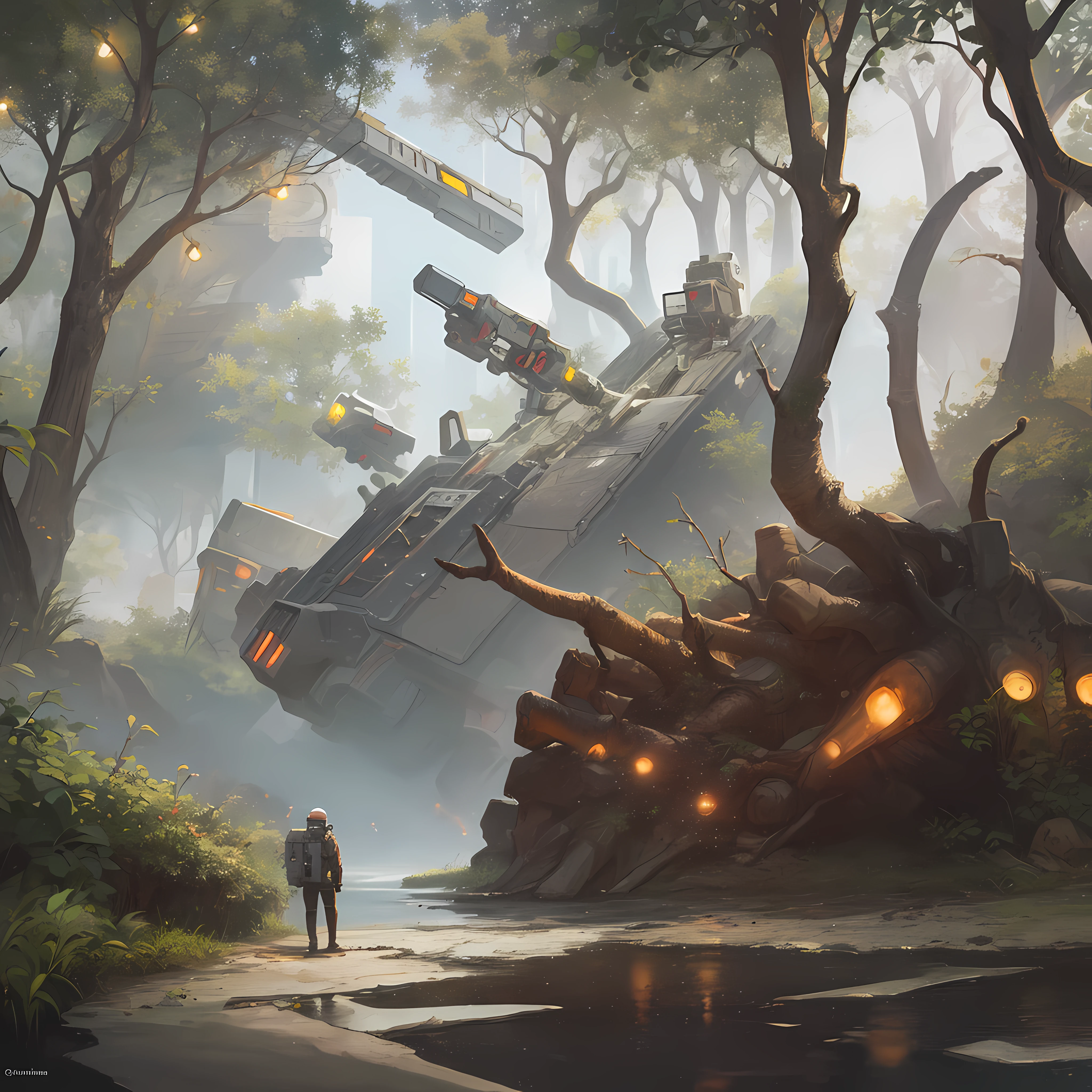 Ambient with machines and technology with mangrove roots, Retro Punk, Atompunk, Biopunk, dark