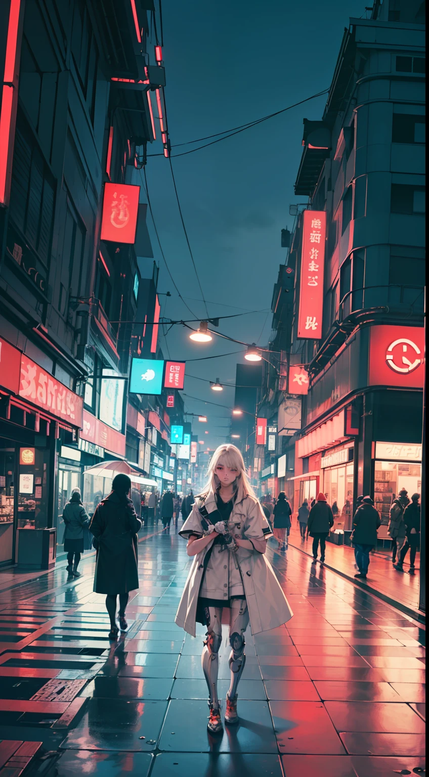 ((best quality)), ((masterpiece)),((ultra detailed)), (illustration), (detailed light), (an extremely delicate and beautiful),
(((solo))),(((beautiful girl))),((cowboy shot)),(standding),
(mechanical overcoat),((mechanical prosthesis)),headsets,hands in pockets,((short sleeves)),
((long white hair)),(beautiful detailed red eyes),
(cyberpunk city),slums,Mall,(street),(neon light),night,rain