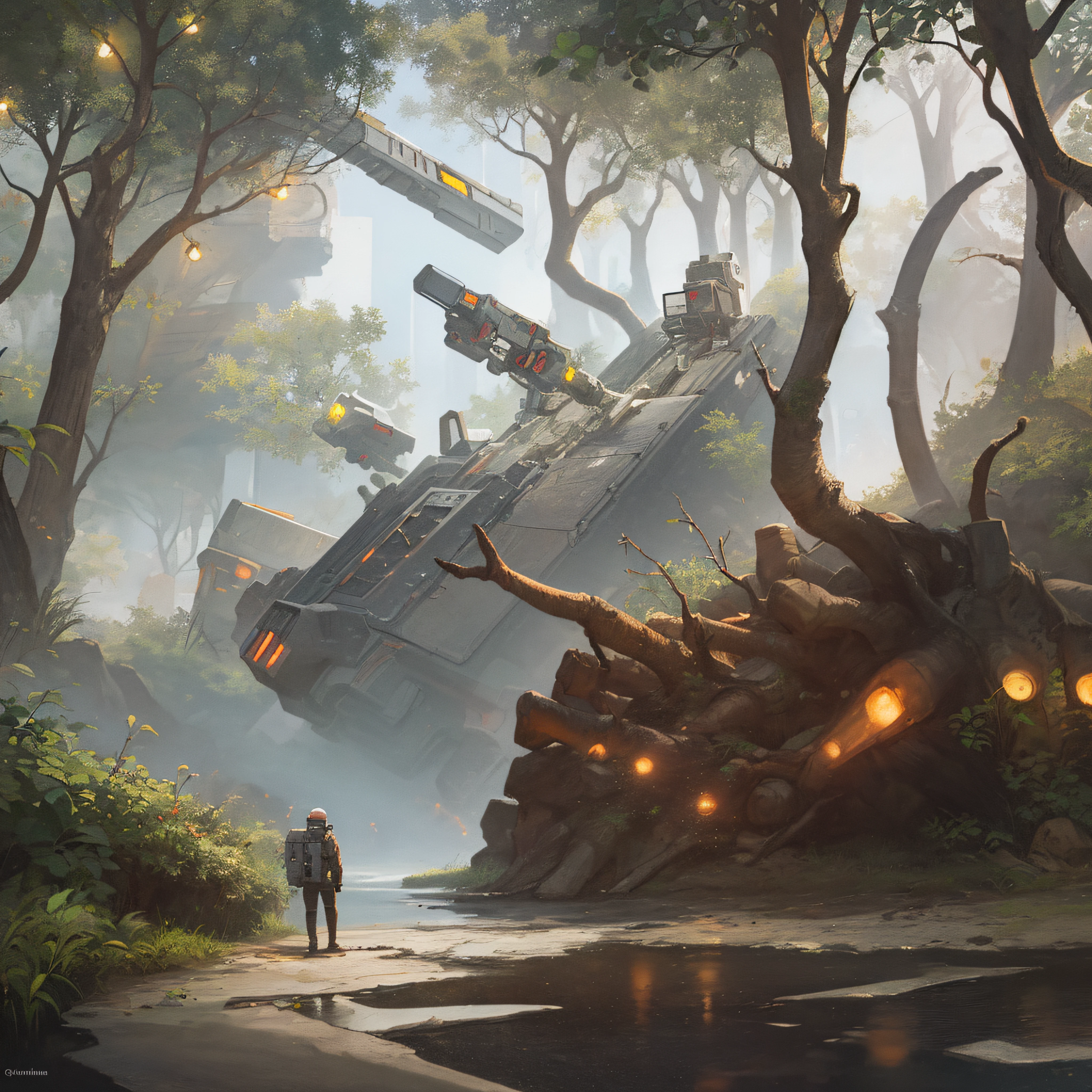 Ambient with machines and technology with mangrove roots, Retro Punk, Atompunk, Biopunk, dark
