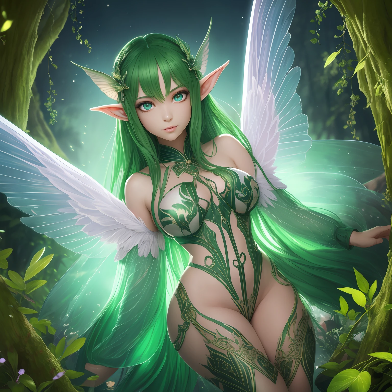 Full Body Portrait, Forest Elf, (Best Quality, 8K, Masterpiece: 1.3), Green Hair, Petite Body, (Beautiful Detailed Eyes), (Super Detail), (Desktop Wallpaper), (Detailed Face), Ray Glow, Optical, Panoramic Illumination, Atmospheric Perspective, Dawn, Anti-Aliasing: 5D, Light Painting, Color, Beautiful Face, Perfect Body Beauty: 1.4, Clear Facial Features, Symmetrical Transparent Wings, Stunning Details, NSFW: 1.07