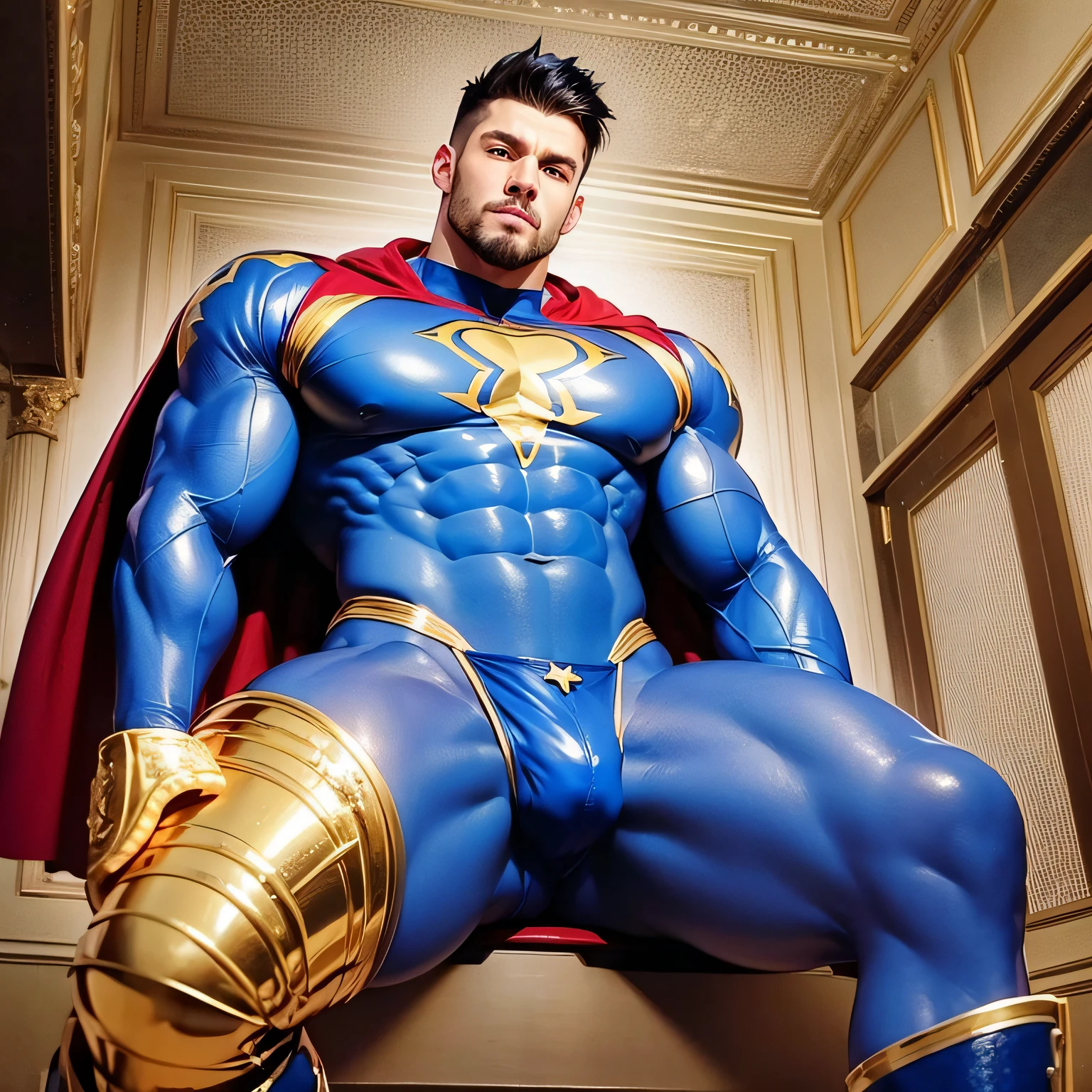 A naked muscular superhero with massive muscles wearing a metallic jockstrap, boots and a cape in blue and gold, looking handsome and beautiful, seen from just below.