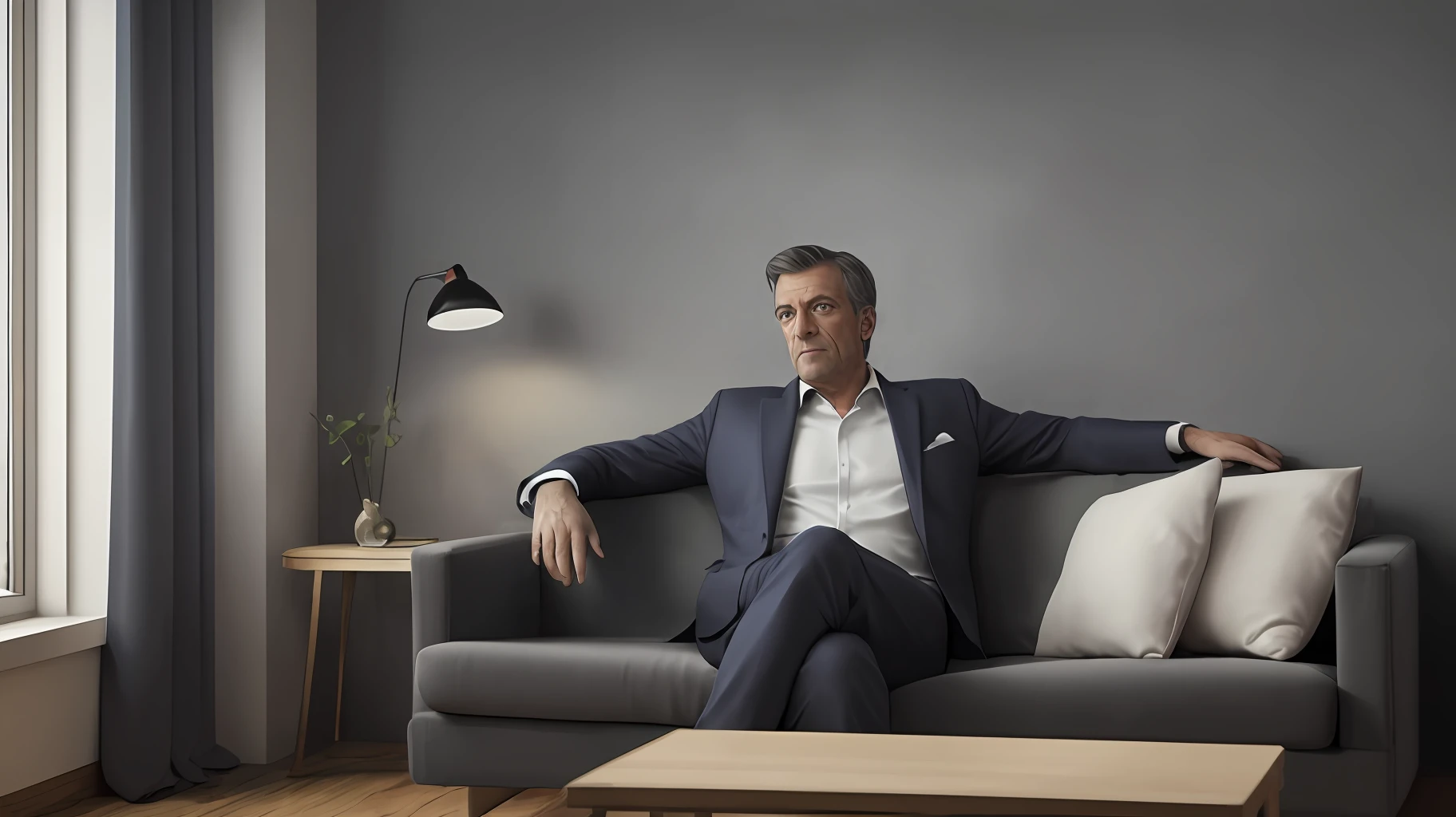Doctor house doctor da. Serie docyor house lying on a black sofa looking up, wearing a grey suit, best quality, Realistic, 8k, Inside his room in the hosital --auto