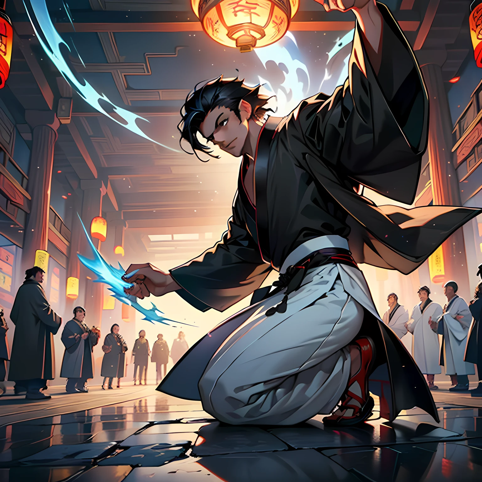 13. (1 person) ((((1boy))),(((aboy))).(((Black coat))),((Black Hanfu youth)),((white clothes)) , (((Black hair))), kingly air, gorgeous, handsome, outstanding temperamen, punches but produces a sonic boom) (background: in the sacred, resplendent palace hall of ancient China).