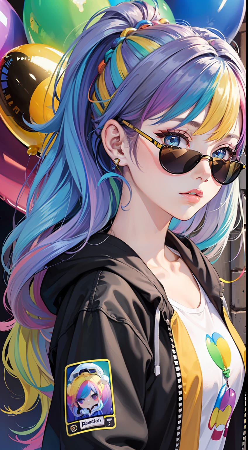 masterpiece, best quality,
1 girl, pretty and cute, (rainbow color Hair,colorful hair:1.4), wearing blue and purple sunglasses, yellow jacket with white pattern, white sweater, many colored balloons, doll face, ponytail braid, perfect detail eyes, delicate face, perfect cg, HD quality, colored balloons, sky