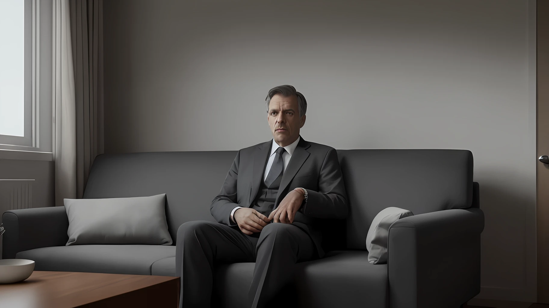 Doctor house doctor da. Serie docyor house lying on a black sofa looking up, wearing a grey suit, best quality, Realistic, 8k, Inside his room in the hosital --auto