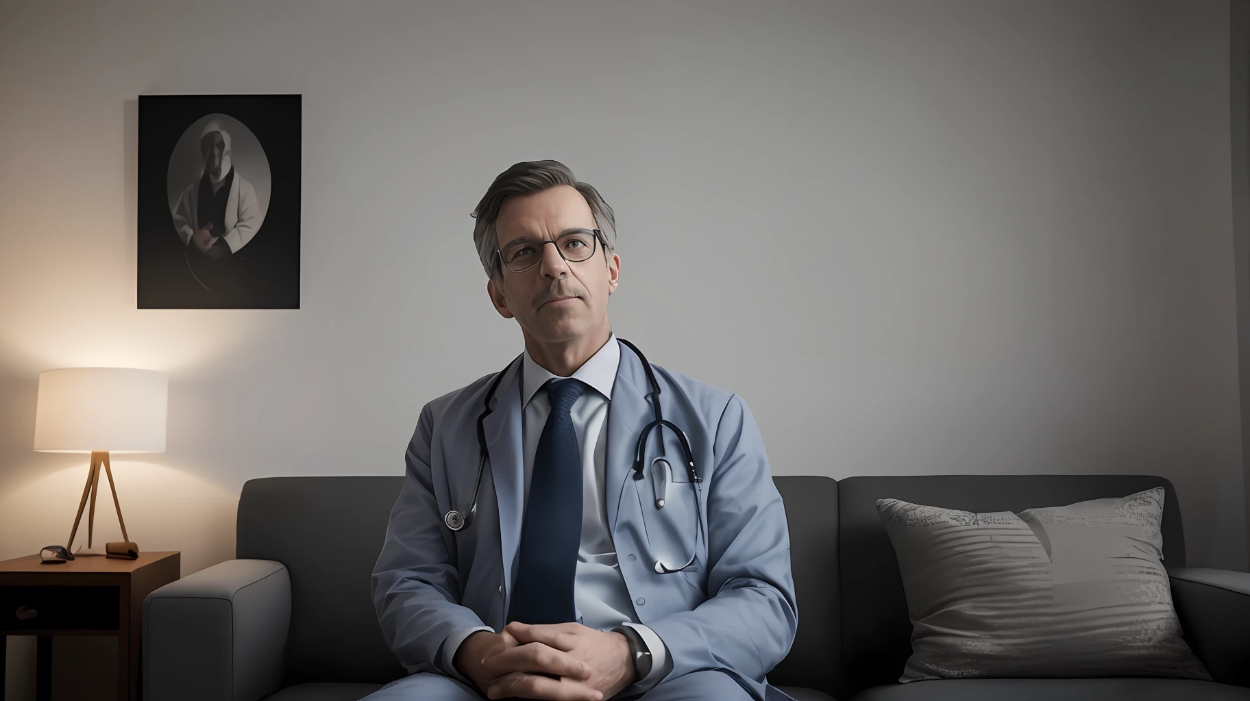 Doctor house doctor da. Serie docyor house lying on a black sofa looking up, wearing a grey suit, best quality, Realistic, 8k, Inside his room in the hosital --auto