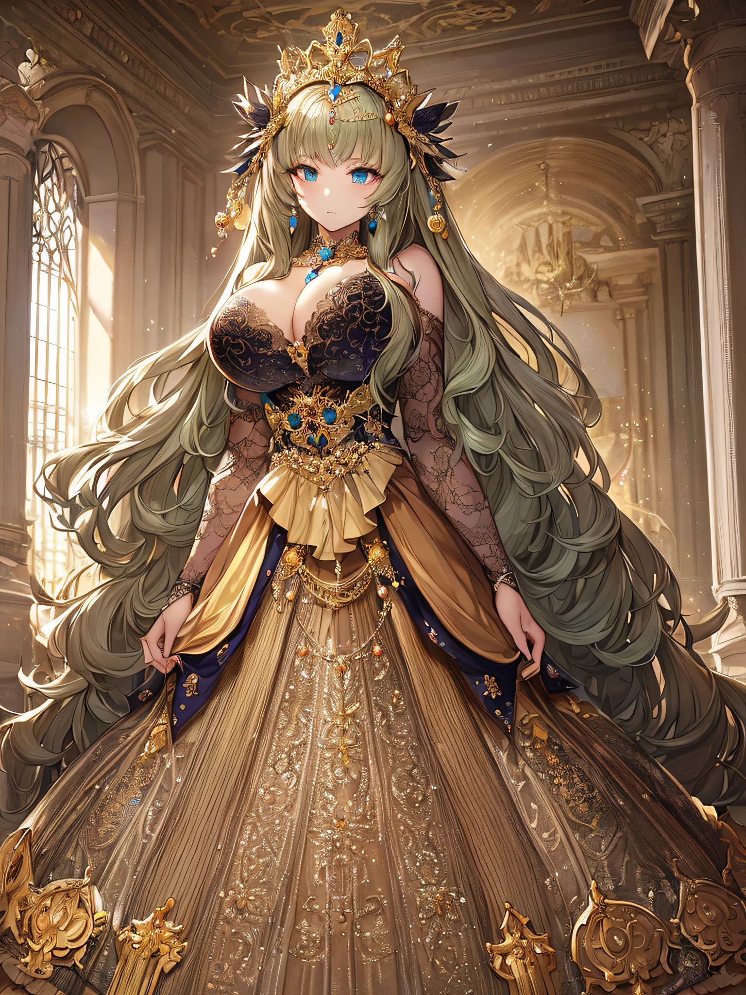 ((anime artstyle)),(Masterpiece),(Best Quality), (Super Detail),Illustration,((Very Delicate and Beautiful)),Focus on character,Dynamic Angle,Looking at viewer,((Solo)),standing,(((full body))),((one noble princess in gorgeous ball gown with voluminous skirt)),detailed face and eyes,jewel-like eyes,((Very Long voluminous Hair)),gorgeous embroidery and lace,See-through,ornate ruffles,Gorgeous jewelry ornaments,luxury hair ornament,luxury hair ornament,luxury tiara with jewels,(gigantic breasts,Long breasts),((gorgeous ball gown with voluminous skirt)),full body