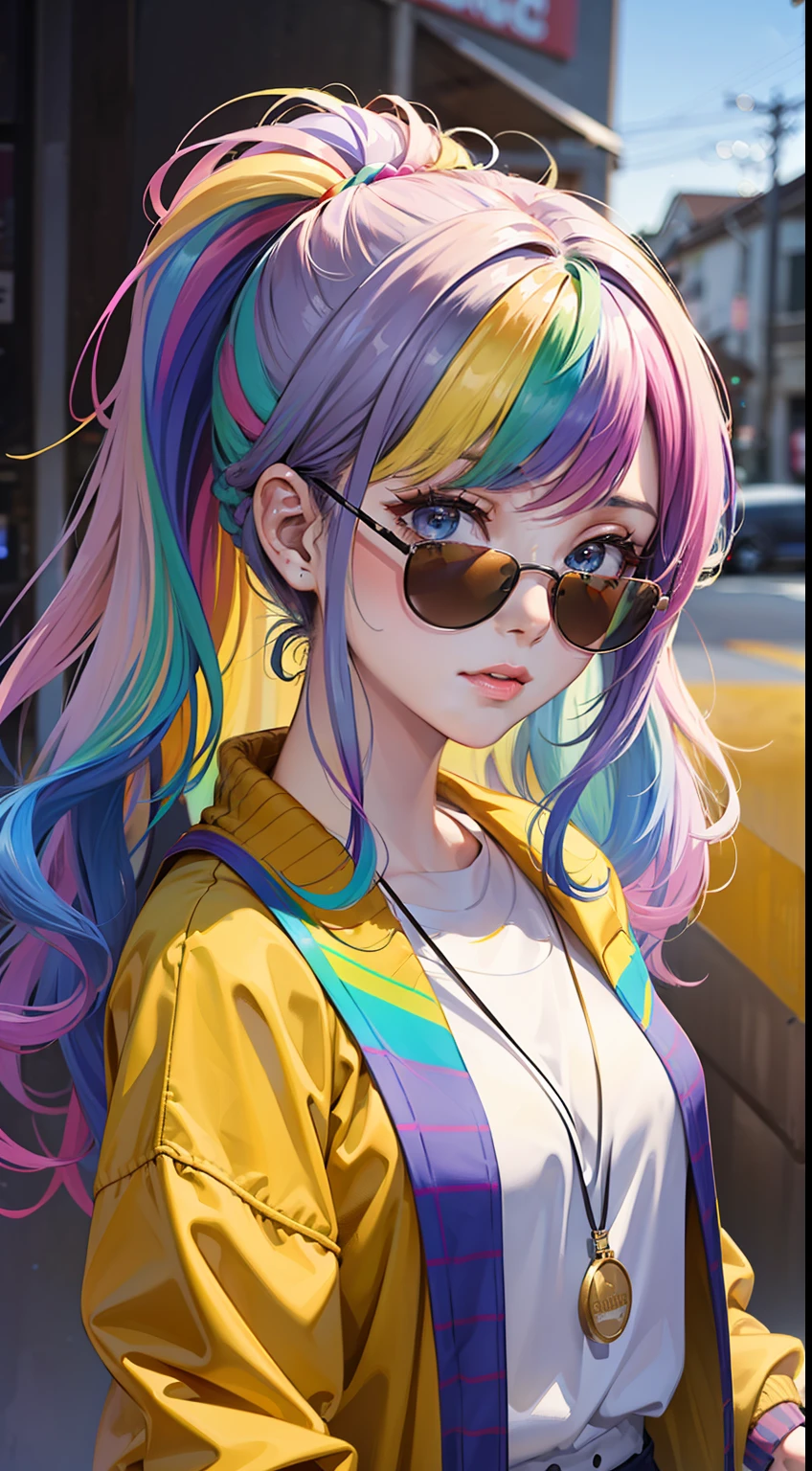 masterpiece, best quality,
1 girl, pretty and cute, (rainbow color Hair,colorful hair:1.4), wearing blue and purple sunglasses, yellow jacket with white pattern, white sweater, many colored balloons, doll face, ponytail braid, perfect detail eyes, delicate face, perfect cg, HD quality, colored balloons, sky