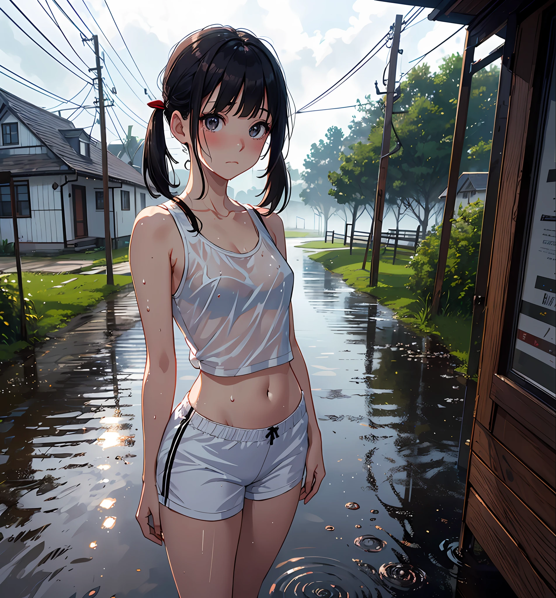 Original Character, Volumetric Lighting, Best Shadows, Shallow Depth of Field, Portrait Of Stunningly Beautiful Girl, Petite, Delicate Beautiful Attractive Face With Alluring Black Eyes, Sharp Eyebrows, Expressionless, Blush, Closed Mouth, Lovely Small Breasts, Layered Short Brown Twintail Hair, Blush Eyeshadow, Thick Eyelashes, Soaking Wet Clothes And Hair, See-Through Tank Top, Open Navel, white panties, Cloudy Rainy Sky, Standing At The Rural Village Bus Stop In The Pouring Rain, Village Gravel Road, Looking Up The Sky, Puddle Water, Rainy Foggy Rustic Scenery, (Highest Quality, Amazing Details:1.25), (Solo:1.3), Brilliant Colorful Paintings, covered_nipples
