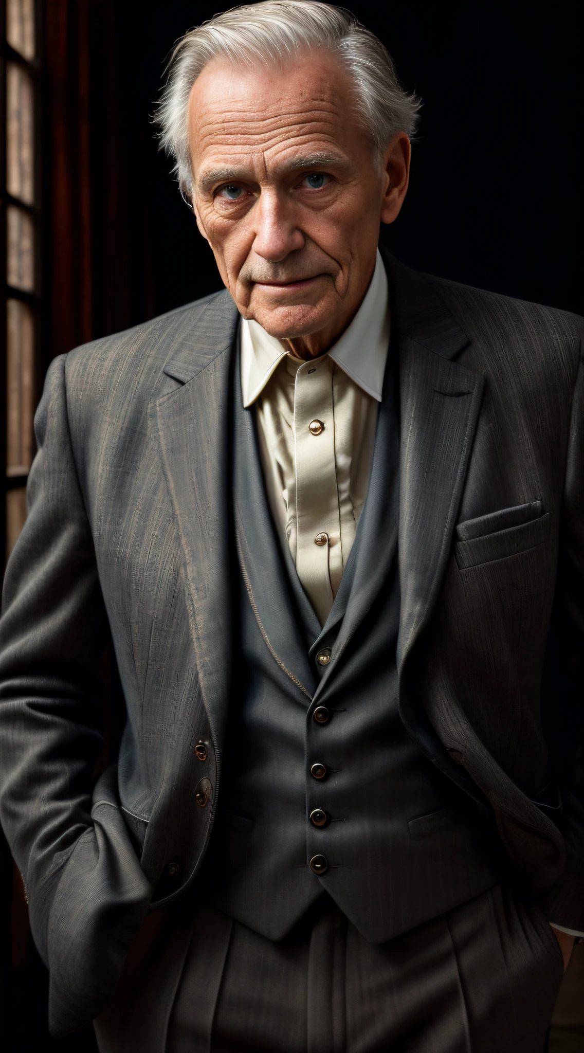 (masterpiece, photorealistic, raw,:1.4), (extremely intricate:1.2), close up, cinematic light, sidelighting, ultra high res, best shadow, RAW, upper body, old man, wearing tailcoat,