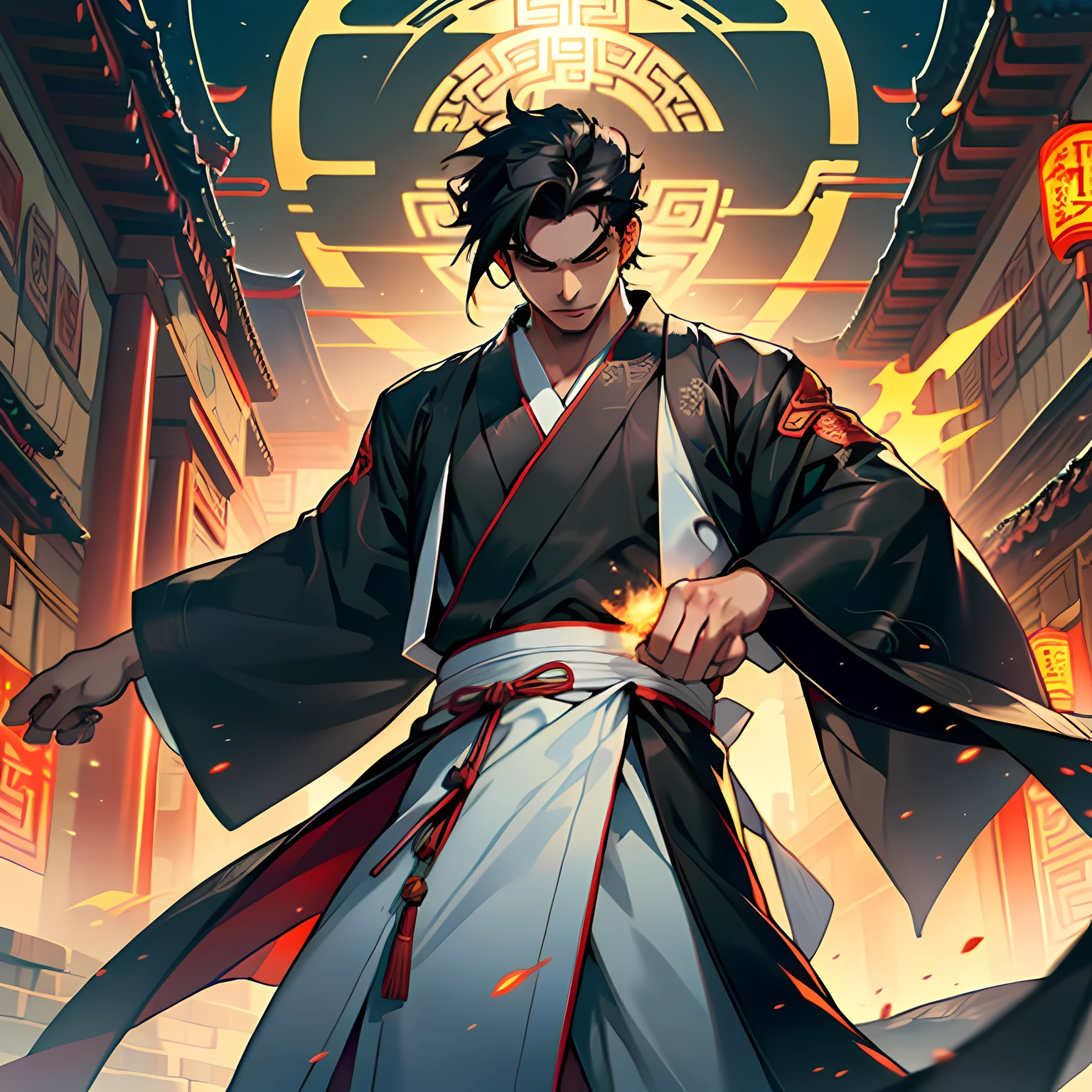 13. (1 person) ((((1boy))),(((aboy))).(((Black coat))),((Black Hanfu youth)),((white clothes)) , (((Black hair))), kingly air, gorgeous, handsome, outstanding temperamen, punches but produces a sonic boom) (background: in the sacred, resplendent palace hall of ancient China).