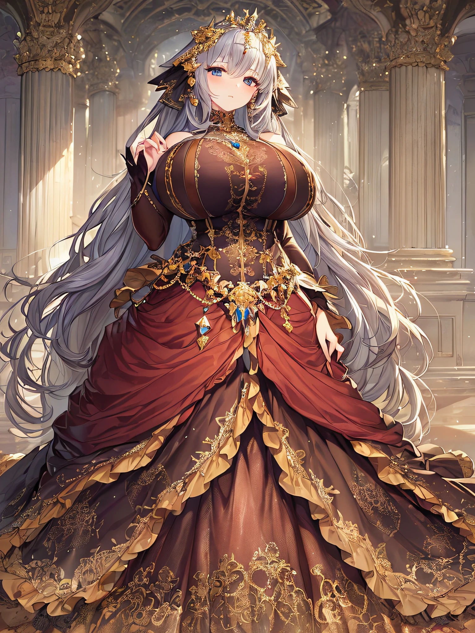 ((anime artstyle)),(Masterpiece),(Best Quality), (Super Detail),Illustration,((Very Delicate and Beautiful)),Focus on character,Dynamic Angle,Looking at viewer,((Solo)),standing,(((full body))),((one noble princess in gorgeous ball gown with voluminous skirt)),detailed face and eyes,jewel-like eyes,((Very Long voluminous Hair)),gorgeous embroidery and lace,See-through,ornate ruffles,Gorgeous jewelry ornaments,luxury hair ornament,luxury hair ornament,luxury tiara with jewels,(gigantic breasts,Long breasts),((gorgeous ball gown with voluminous skirt)),full body