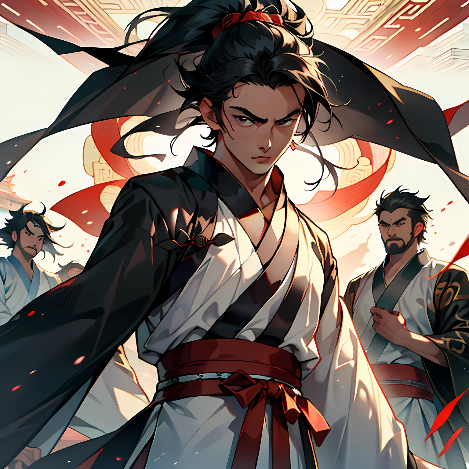 13. (1 person) ((((1boy))),(((aboy))).(((Black coat))),((Black Hanfu youth)),((white clothes)) , (((Black hair))), kingly air, gorgeous, handsome, outstanding temperamen, punches but produces a sonic boom) (background: in the sacred, resplendent palace hall of ancient China).