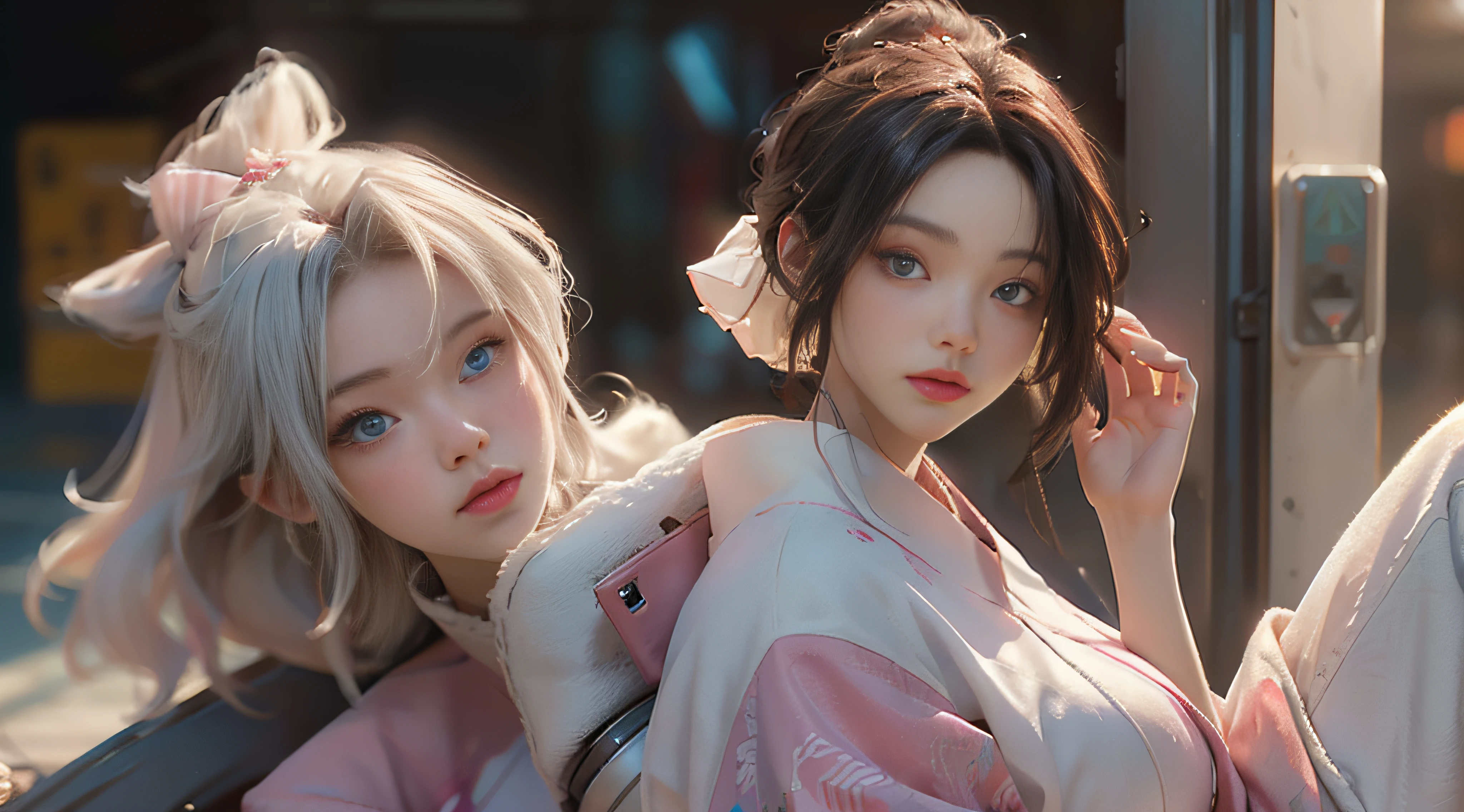 ((Best Quality)), ((Masterpiece)), (Detail: 1.4), 3D, Beautiful Cyberpunk Female Image, HDR (High Dynamic Range), Ray Tracing, NVIDIA RTX, Super Resolution, Unreal 5, Subsurface Scattering, PBR Texture, Post-Processing, Anisotropic Filtering, Depth of Field, Maximum Sharpness and Sharpness, Multi-layer Texture, Albedo and Highlight Mapping, Surface Coloring, Mitsu-Accurate Simulation of Material Interactions, Perfect Proportions, Octane Rendering, Two-color Light, Large Aperture, Low ISO, white balance, regular three-point, 8K RAW, beautiful bright pupils, flowing robe, fine pupils, delicate face and eyes, long eyelashes, blush, fluffy hair, pink lips