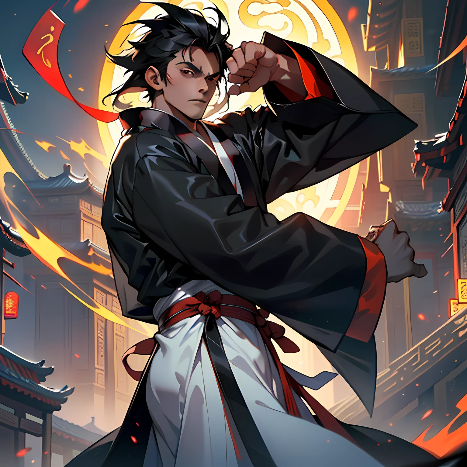 13. (1 person) ((((1boy))),(((aboy))).(((Black coat))),((Black Hanfu youth)),((white clothes)) , (((Black hair))), kingly air, gorgeous, handsome, outstanding temperamen, punches but produces a sonic boom) (background: in the sacred, resplendent palace hall of ancient China).