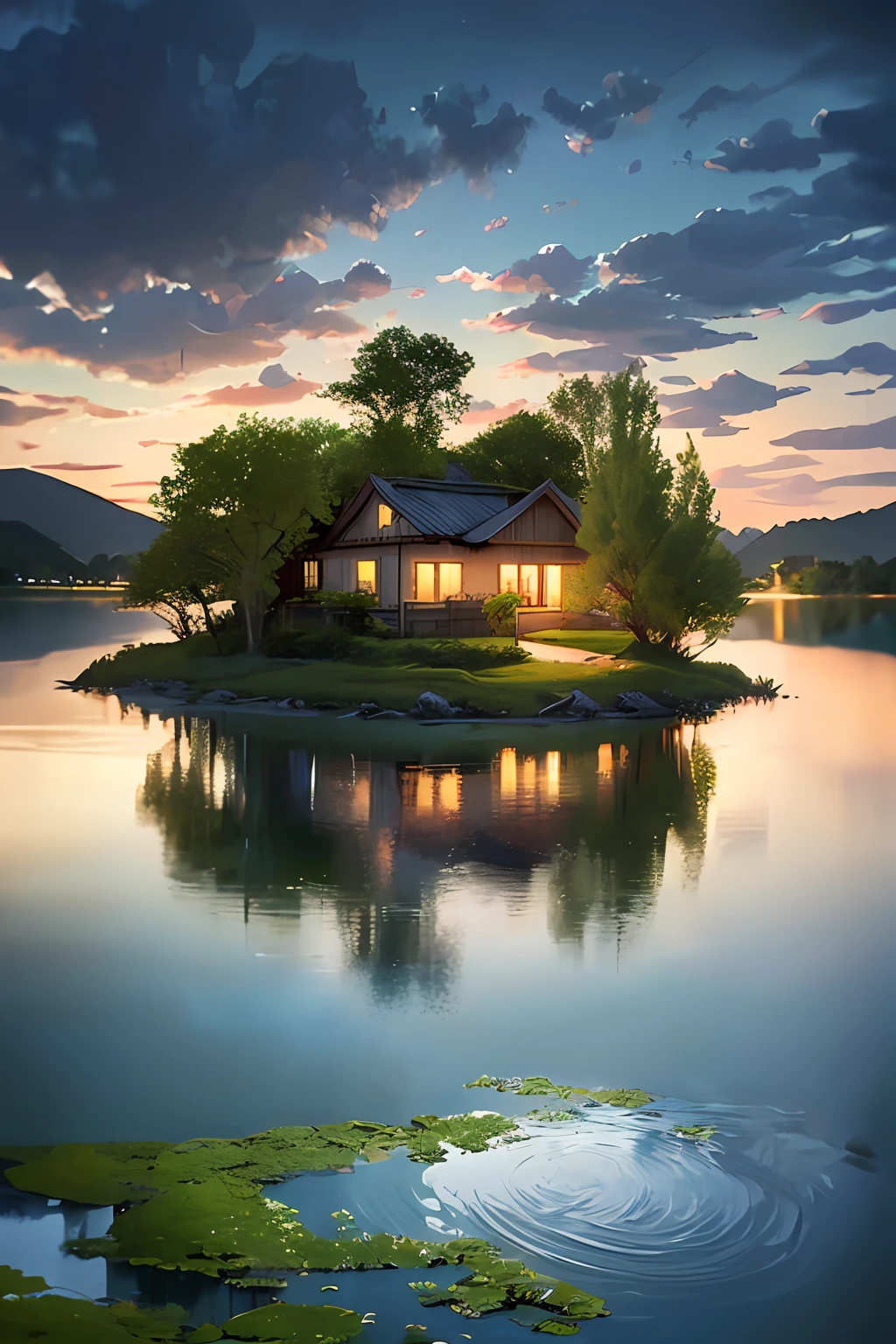 there is a small house on a small island in the middle of a lake, beautifully lit landscape, peaceful landscape, serene landscape, beautiful serene landscape, amazing landscape, in a serene landscape, an amazing landscape image, dreamy landscape, beautiful lake, beautiful landscape, stunning landscape, setting in nature, beautiful lake background, perfect landscape, stunning light reflections, beautiful dreamy landscape
