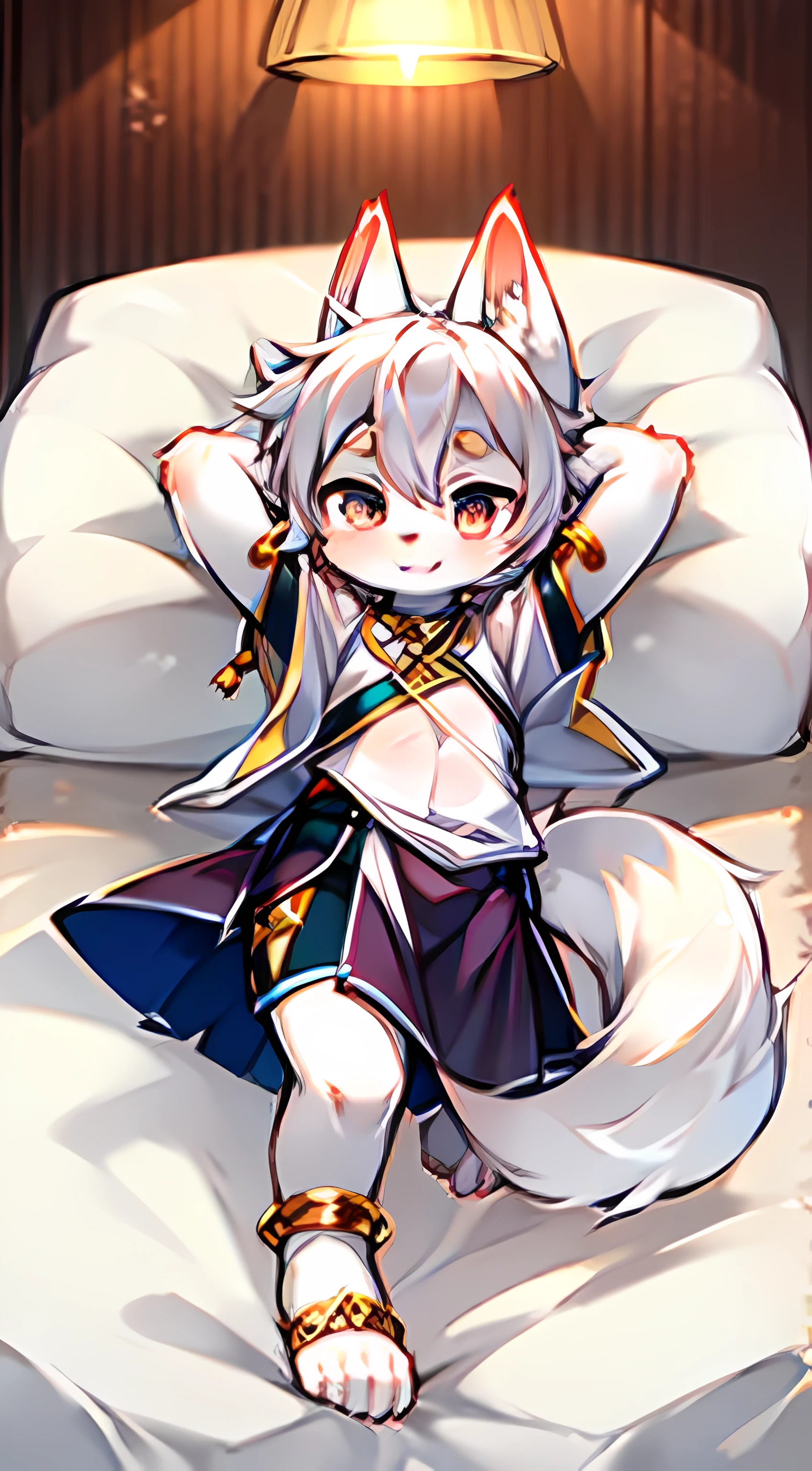 furry , white wolf, small man, silver-white fur, silver-white hair, ear fuzz, hair all over, (long white wolf tail), small feet (wearing socks), anklet, bracelet, white hair, silver eyes, , national style clothes (light color), aoeu, aoeu, aoeu, aoeu, long cheongsam (outer garment), hanfu (outer garment), white clothes (inner shirt), , aristocratic clothes (light color), cute, , , bed, Foot on the viewer, bent over, foot, top view, super clear