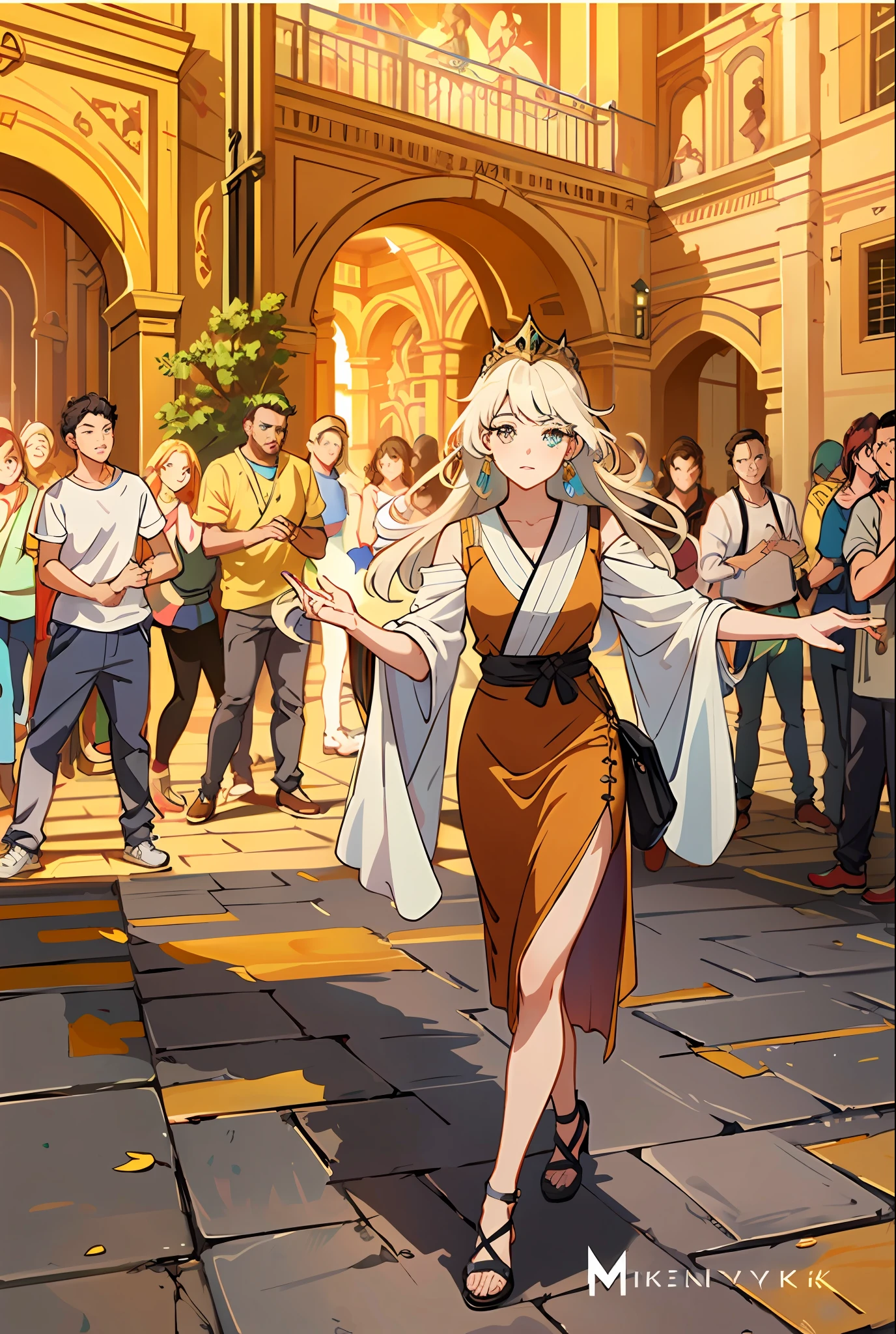 Model shooting style, (extremely detailed CG Unity 8k wallpaper), full-shot body photo of the most beautiful artwork in the world, stunning beautiful photo realistic available, super realistic super detailed photo, a beautiful girl as a female dancer entering the Loggia dei Lanzi of Florence,complex dress, banquet, crowd, [slight smile], (Sculpture of Hercules background), (princess eyes, shining pupils), detailed symmetrical beautiful hazel eyes, detailed gorgeous face, highly detailed, Vibrant, professional majestic oil painting by Ed Blinkey, Atey Ghailan, Studio Ghibli, Jeremy Mann, Greg Manchess, Antonio Moro, ArtStation Trends, CGSociety Trends, Complex, High Detail, Sharp Focus, Dramatic, Realistic Painting Art, by Midjourney and Greg Written by Rutkowski
