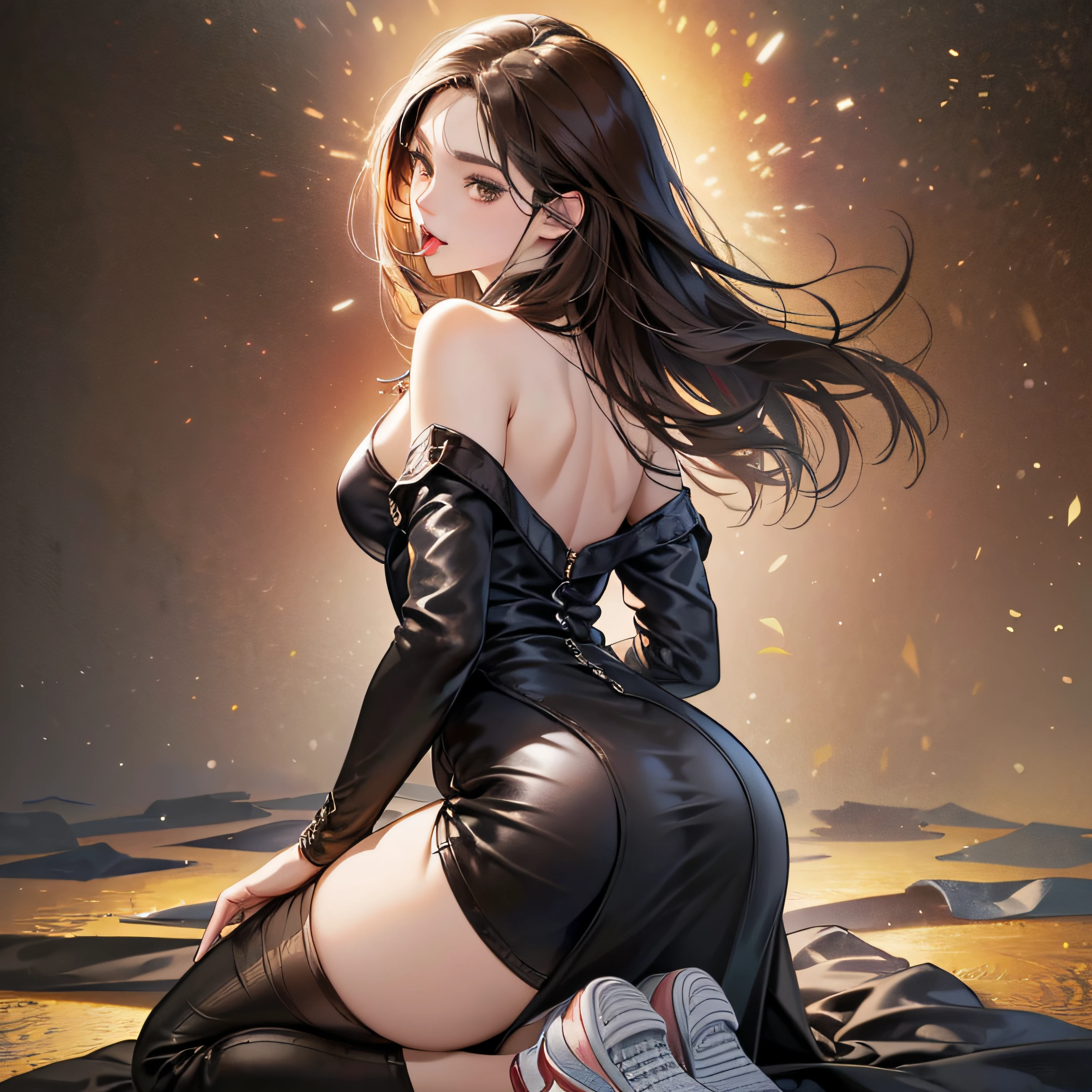 (Crimped, arms behind back: 1.4), (hands on back), kneeling, yawning with mouth wide open, (best image quality, impressive detail, ultra high resolution, (realism: 1.4), (masterpiece, highest quality)), (masterpiece, highest quality) 1.5, 1 girl, solo, (sexy, beautiful woman, perfect face, perfect eyes), Tipha Lockheart, black leather dress, sneakers, ( Reddish brown eyes, black hair, long hair), (arms, back of back: 1.4), (hands on back)