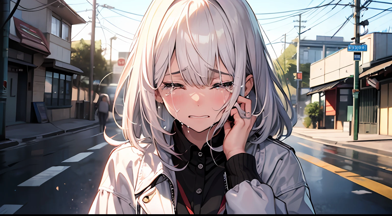 Masterpiece, of the best quality, a woman with long white hair, head up, crying, tears, roadside