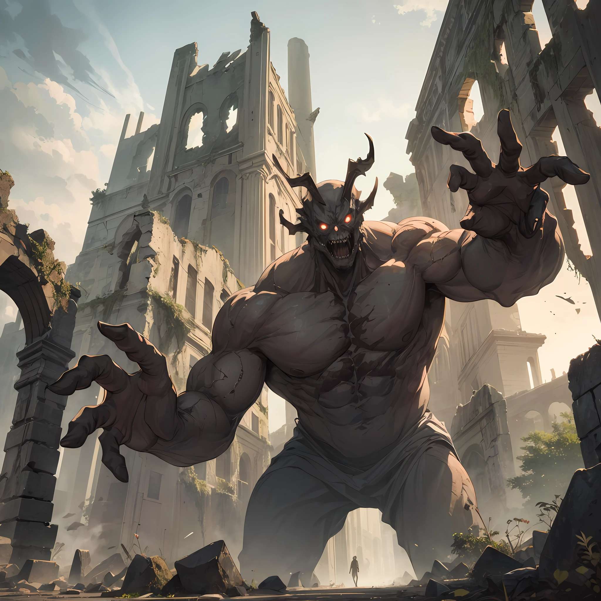 One, huge, terrifying, hideous stone man with the ruins of the night in the background