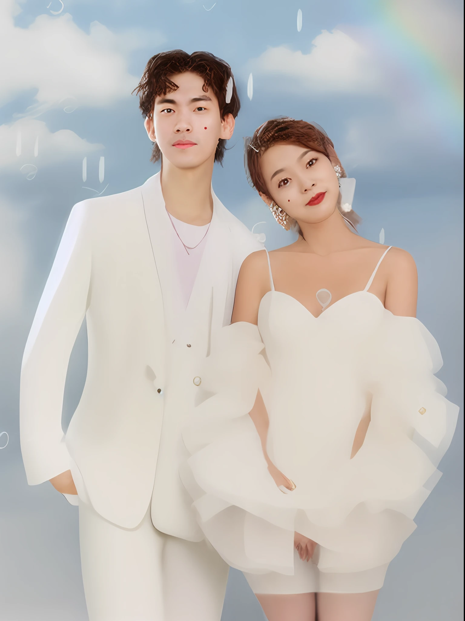 there are two people standing next to each other in a photo, album art, promo art, & jeehyung lee & wlop, wedding photo, official fanart, guweiz, 9k, 9 k, lovely couple, fanart, couple pose, smooth in _ the background, cai xukun, official artwork