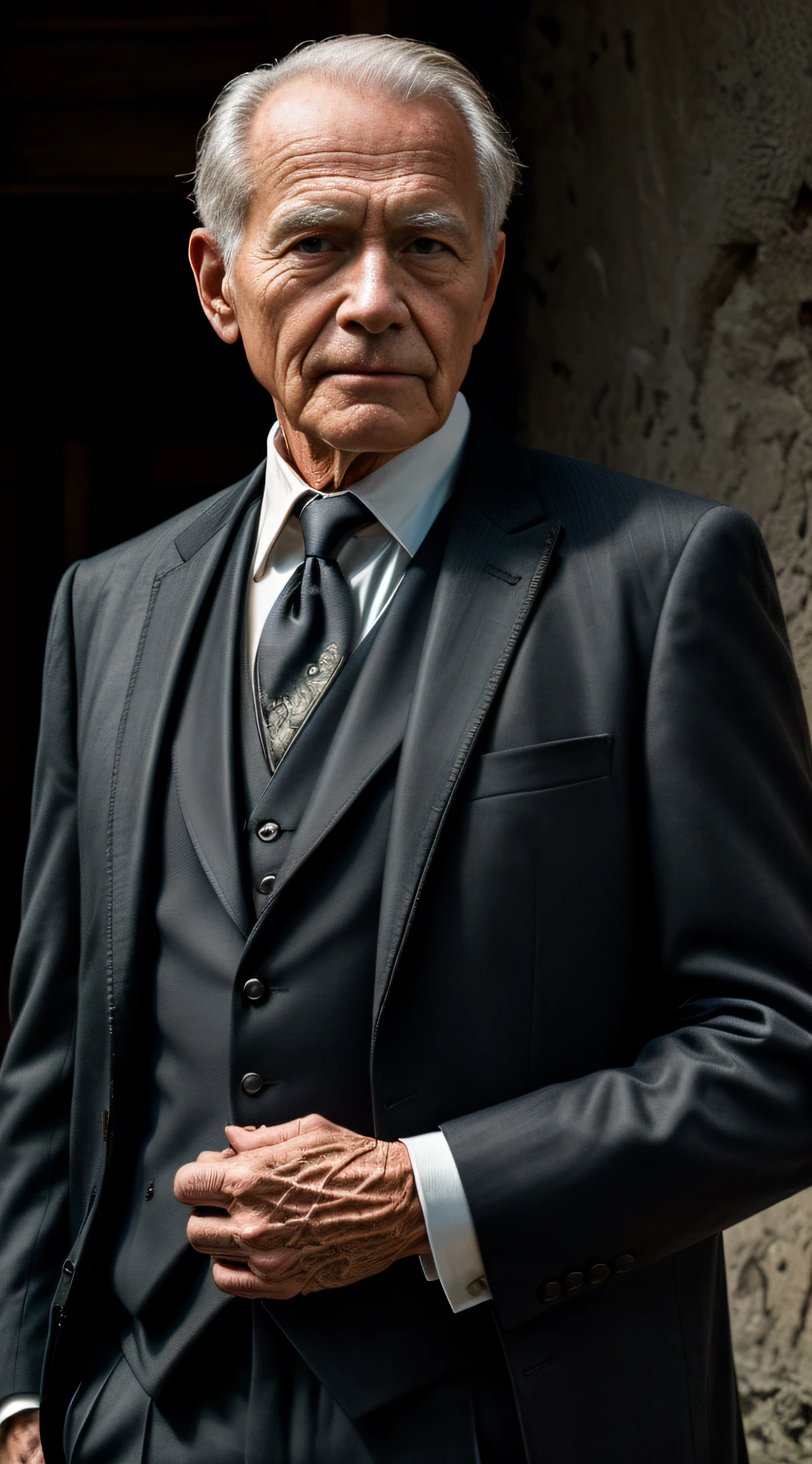 (masterpiece, photorealistic, raw,:1.4), (extremely intricate:1.2), close up, cinematic light, sidelighting, ultra high res, best shadow, RAW, upper body, old man, wearing tailcoat,