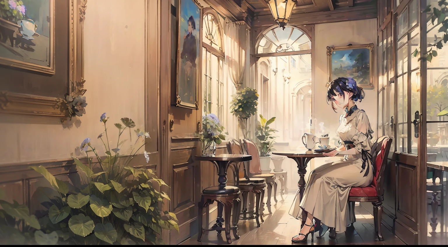 masterpiece, top quality, very delicate and beautiful, ultra-definition, high-resolution, very elaborate, illustration, realistic, coffee shop, latte art with hydrangea paintings
