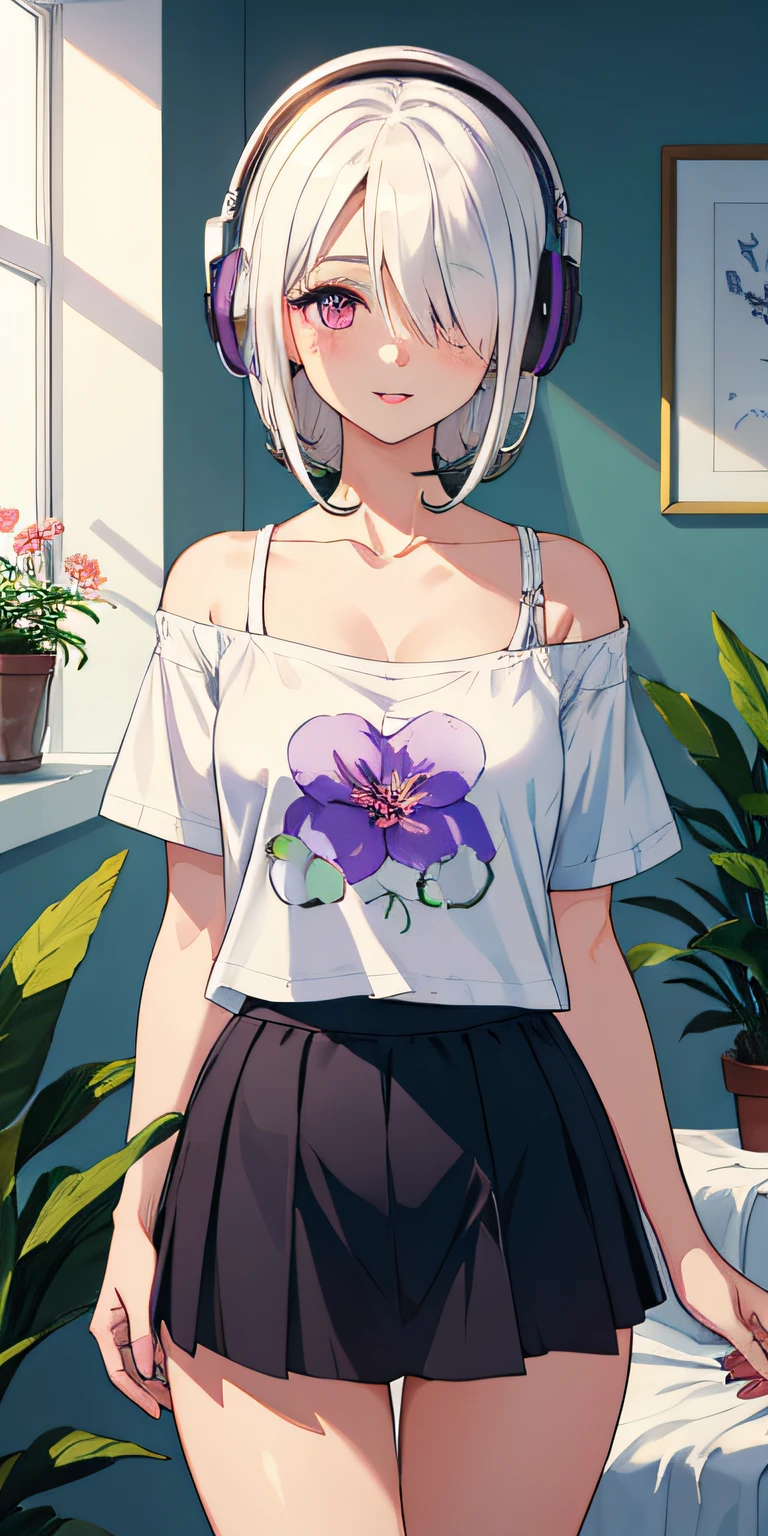 1girl, hair over one eye, parted lips, blush, makeup, light smile, white hair, t-shirt, skirt, headphones, glow, thighs, purple eye, bare shoulders, collarbone, narrow waist, bedroom, sunlight, flower, (masterpiece), underwear, potted plant, television, wallpaper, sunbeam,