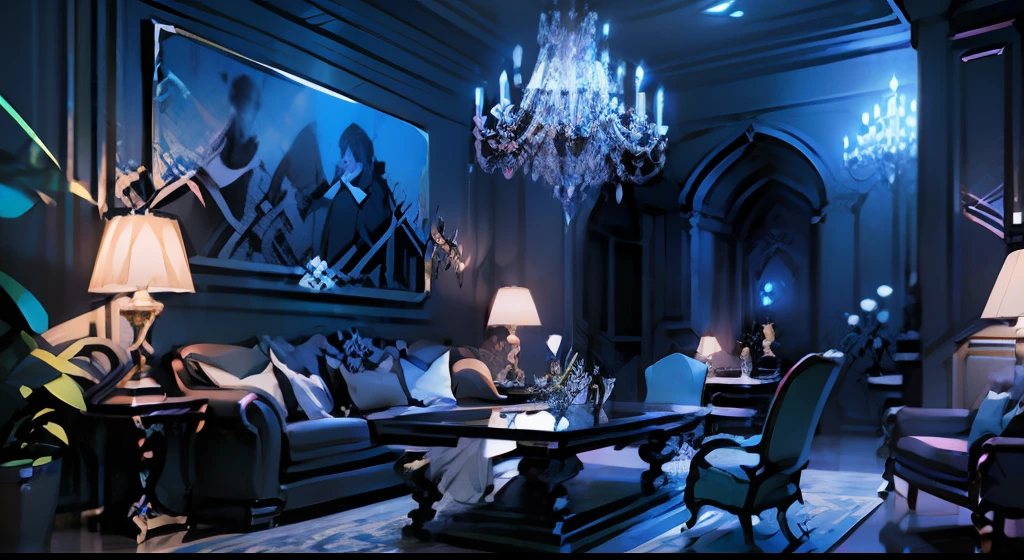 There is a room with tables and chairs inspired by Evgeny Rashpin, dark academia aesthetics, photorealistic lighting, blue room, rich cinematic atmosphere, neoclassical lounge, movie night lighting, movie lighting + masterpiece, magical atmosphere + masterpiece, regal dark blue clothes, blue time, blue realistic 3d rendering, dark academia aesthetics