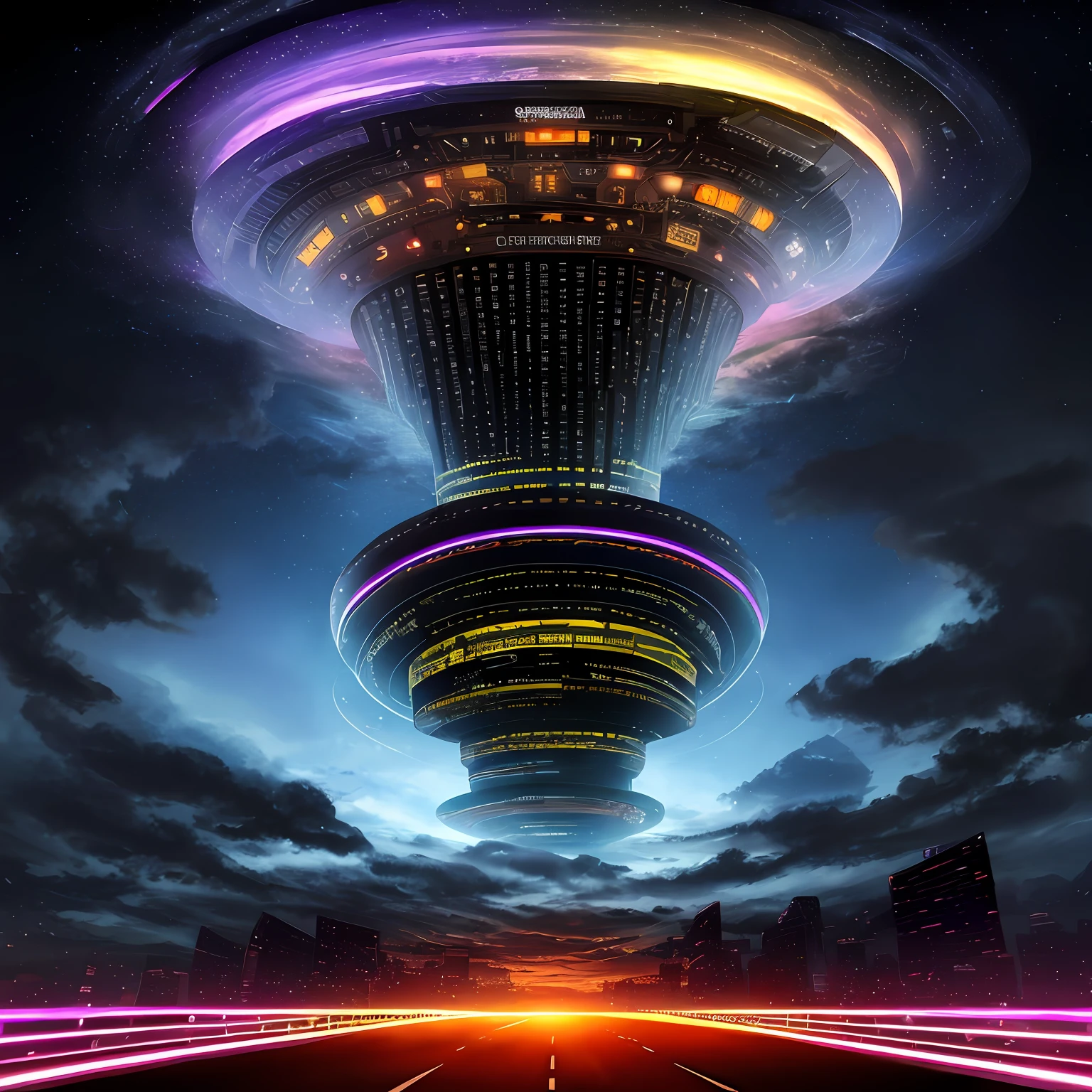 a rubicon digital orbital ufo cityscape megastructure is seen in the cloud filled sky above a glitchwave synesthesia cosmic road in the style of abstract gamercore tech