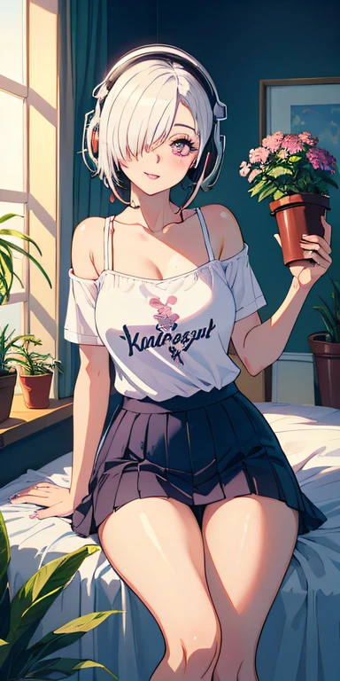 1girl, hair over one eye, parted lips, blush, makeup, light smile, white hair, t-shirt, skirt, headphones, glow, thighs, purple eye, bare shoulders, collarbone, narrow waist, bedroom, sunlight, flower, (masterpiece), underwear, potted plant, television, wallpaper, sunbeam,
