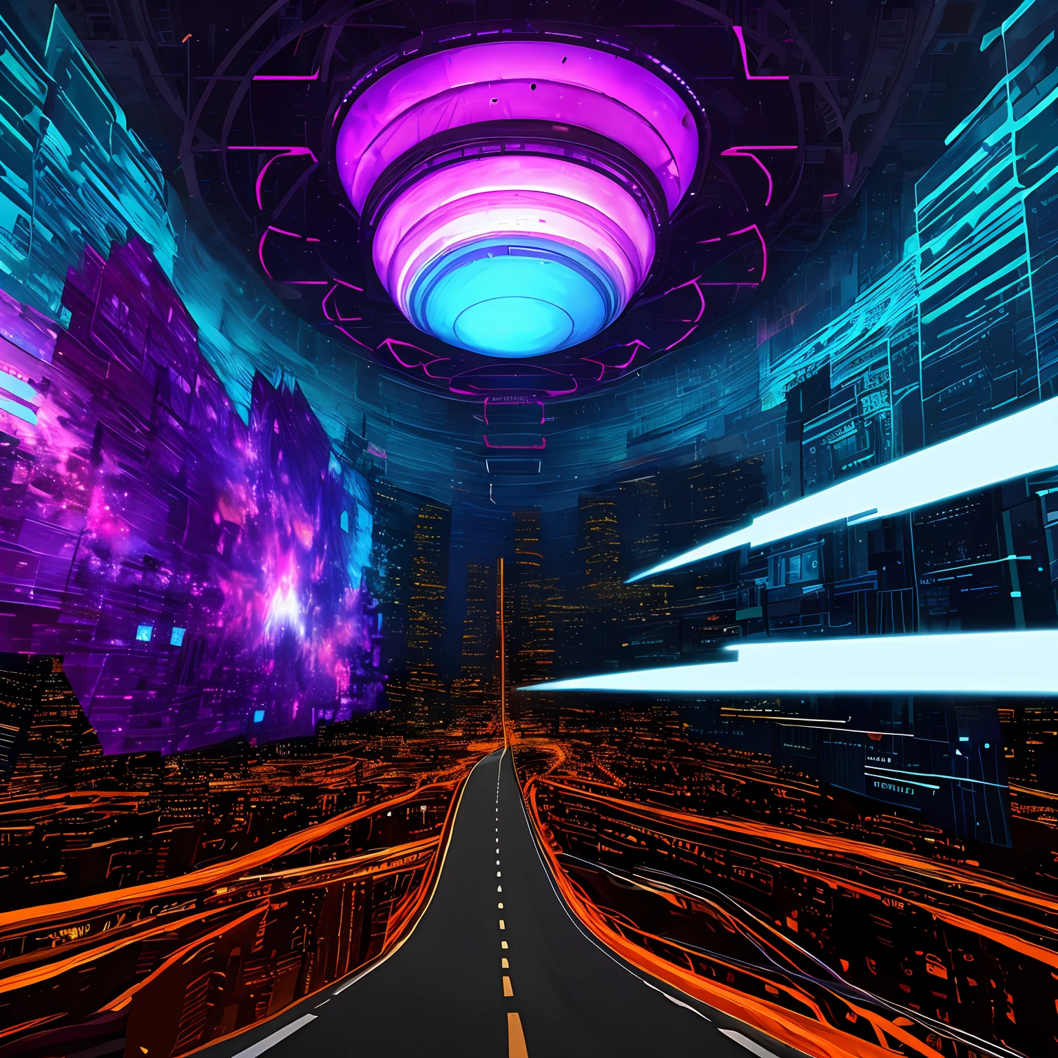 a rubicon digital orbital ufo cityscape megastructure is seen in the cloud filled sky above a glitchwave synesthesia cosmic road in the style of abstract gamercore tech
