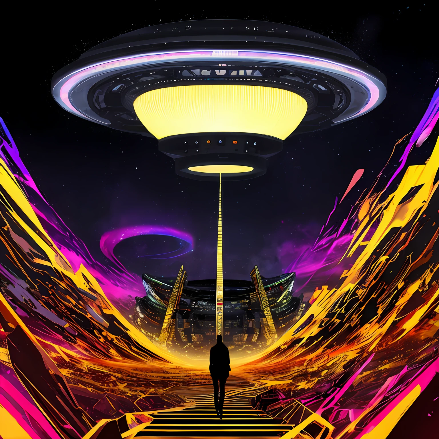 a rubicon digital orbital ufo cityscape megastructure is seen in the cloud filled sky above a glitchwave synesthesia cosmic road in the style of abstract gamercore tech