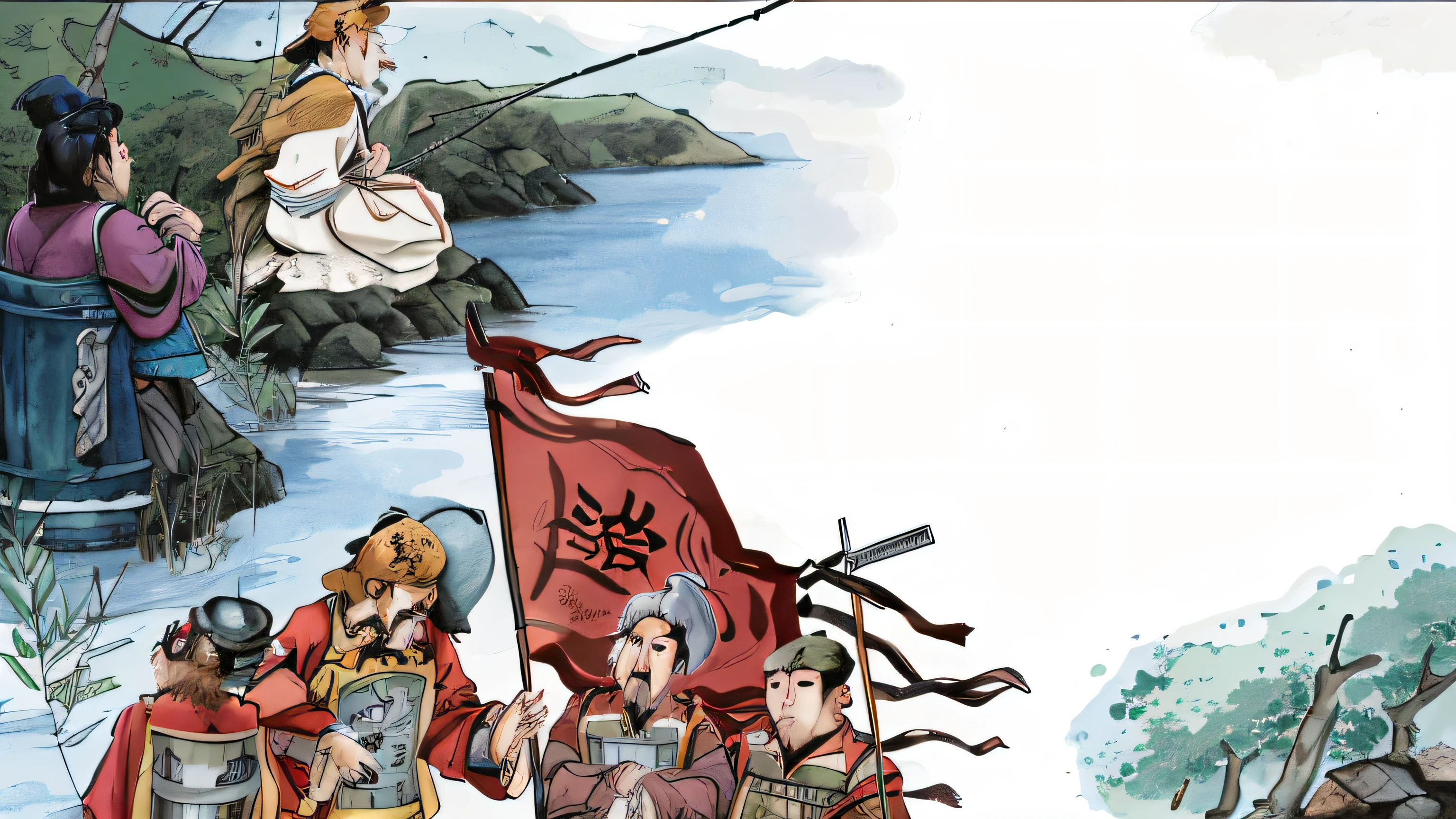 During the Three Kingdoms period, the King of Zhou was visiting Jiang Taigong, who was fishing in a gown and holding a fishing rod, and four soldiers were holding banners.