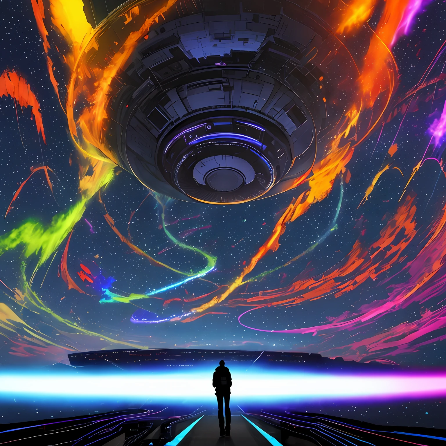a rubicon digital orbital ufo cityscape megastructure is seen in the cloud filled sky above a glitchwave synesthesia cosmic road in the style of abstract gamercore tech