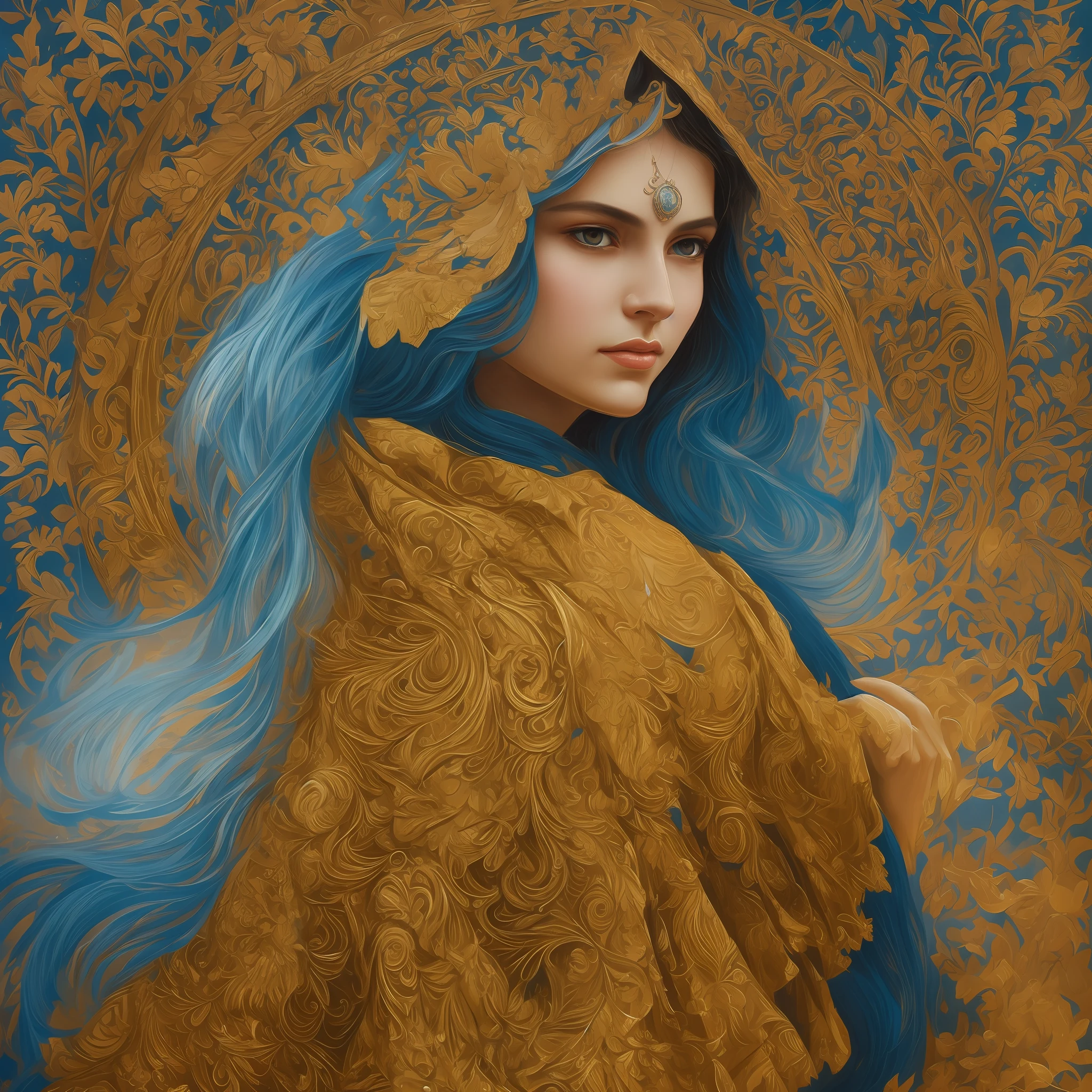 a close up of an Indian warrior woman deity with black hair and a red mask, golden ornaments, silver trinkets,blood spatter,beautiful character,dark cyan tunic, yellow tunic, elegance, mystique, knowledge, dignified stance, intricate patterns, nature motifs, celestial motifs, deep contemplation, majestic cape, luxurious fabrics, swirling patterns, magical atmosphere, harmonious color palette, enchantment, wisdom. Tetradic, warm colors, best quality, masterpiece, high resolution, photorealistic, intricate, rich background painting,Andrew Atroshenko, artwork in the style of Andrew Atroshenko, black haired deity, byAlexandr Averin , epic exquisite character art, stunning character art, by Jules Bastien-Lepage,on pixiv artstation --auto