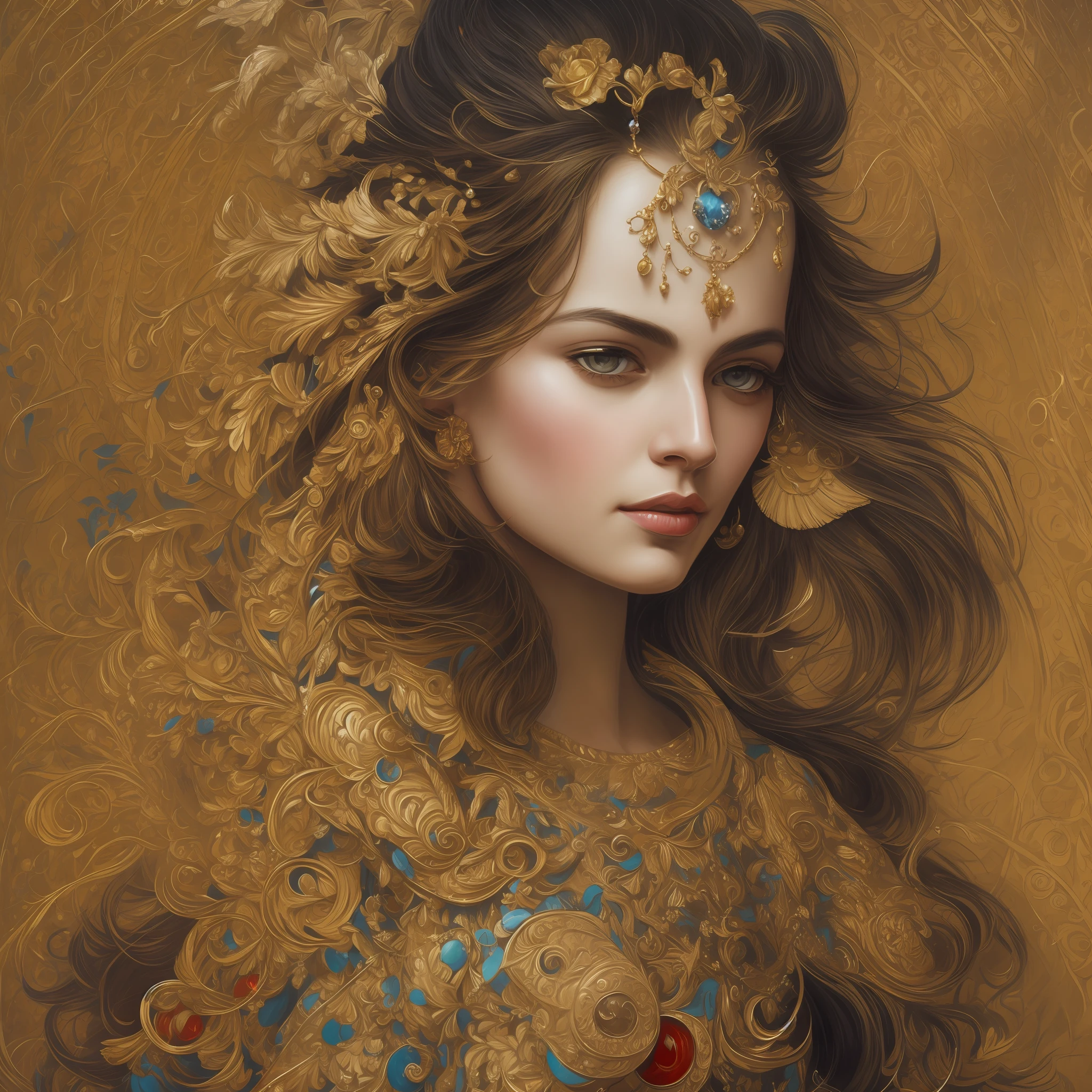 a close up of an Indian warrior woman deity with black hair and a red mask, golden ornaments, silver trinkets,blood spatter,beautiful character,dark cyan tunic, yellow tunic, elegance, mystique, knowledge, dignified stance, intricate patterns, nature motifs, celestial motifs, deep contemplation, majestic cape, luxurious fabrics, swirling patterns, magical atmosphere, harmonious color palette, enchantment, wisdom. Tetradic, warm colors, best quality, masterpiece, high resolution, photorealistic, intricate, rich background painting,Andrew Atroshenko, artwork in the style of Andrew Atroshenko, black haired deity, byAlexandr Averin , epic exquisite character art, stunning character art, by Jules Bastien-Lepage,on pixiv artstation --auto