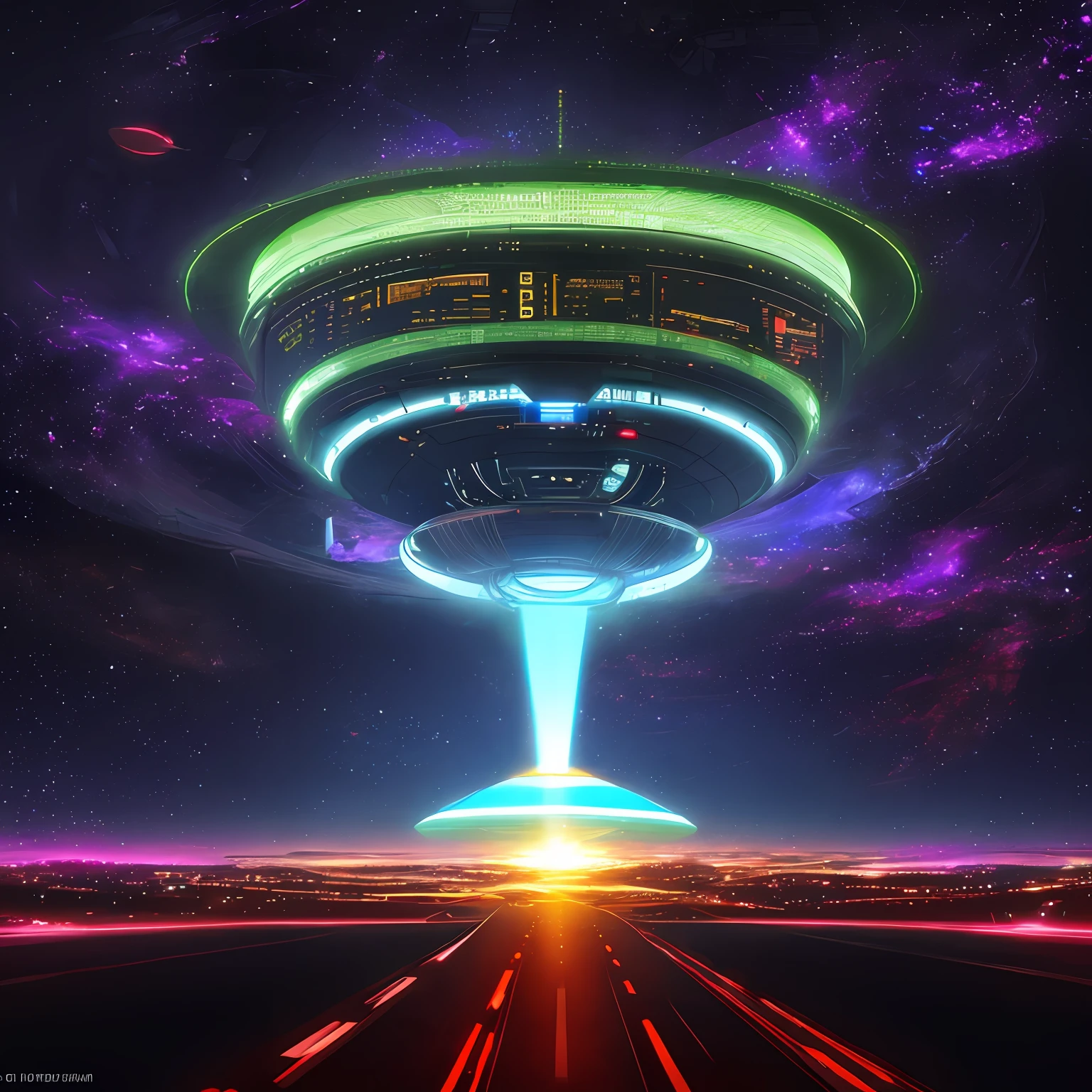 a rubicon digital orbital ufo cityscape megastructure is seen in the cloud filled sky above a glitchwave synesthesia cosmic road in the style of abstract gamercore tech