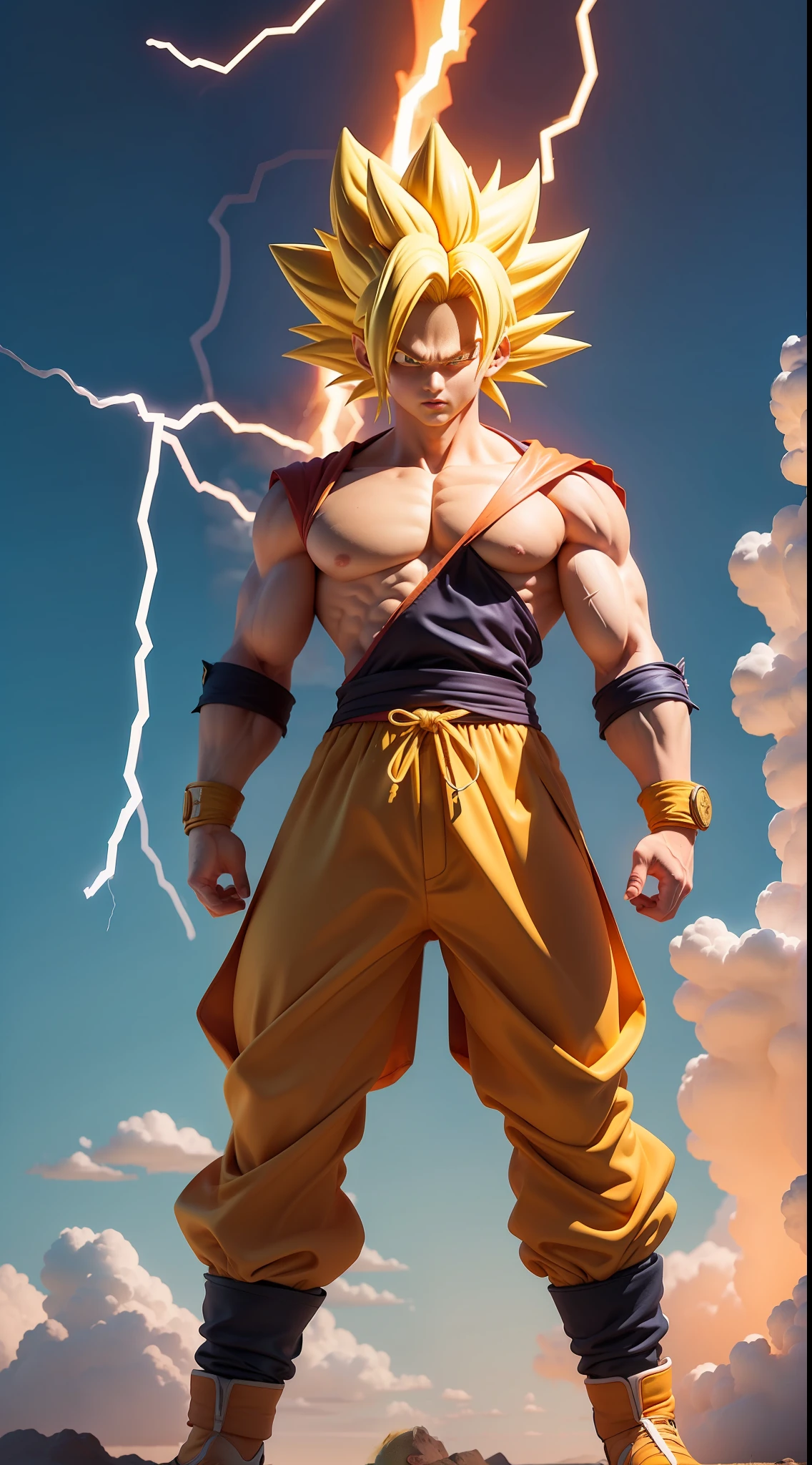 Masterpiece, best quality, Goku, Super Saiyan 4, yellow hair above the clouds with lightning on your body