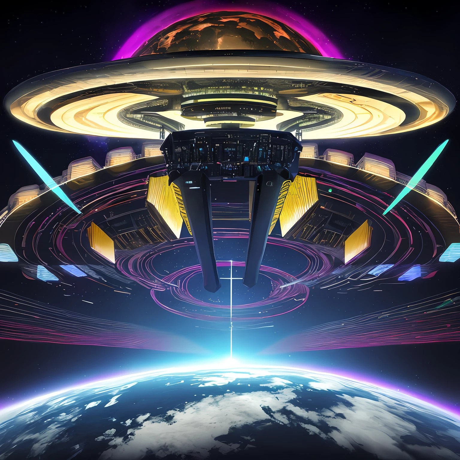 a rubicon digital orbital ufo cityscape megastructure is seen in the cloud filled sky above a glitchwave synesthesia cosmic road in the style of abstract gamercore tech