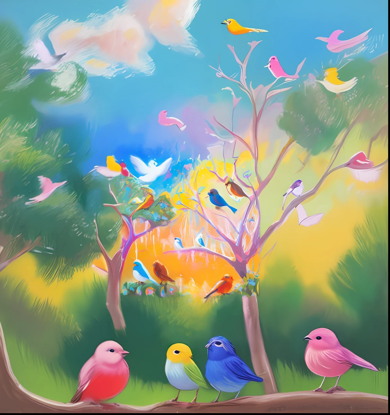 painting of a group of birds sitting on a tree branch, mystical birds, colorful birds, birds in the sunlight, birds and trees, pastel art, pastel artwork, colorful scene, brightly coloured oil on canvas, pastel style painting, large pastel, birds, pastel painting, inspired by William Glackens, colorful oil painting, inspired by Louis Glackens