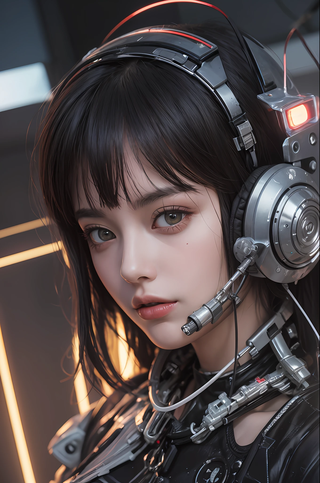 Top Quality, Masterpiece, Ultra High Resolution, (Photorealistic: 1.4), Raw Photo, 1 Girl, Black Hair, Glossy Skin, 1 Mechanical Girl, (Ultra Realistic Details)), Sidmead-inspired Mecha Design, Portrait, Global Illumination, Shadows, Octane Rendering, 8K, Ultra Sharp, Big, Cleavage Exposed Raw Skin, Metal, Intricate ornament details, headset, hydraulic cylinder, very intricate details, realistic light, CGSoation trend, purple eyes, glowing eyes, facing the camera, neon details, mechanical limbs, blood vessels connected to tubes, mechanical vertebrae attached to the back, mechanical cervical attachment to the neck, sitting, wires and cables connecting to the head, Evangelion, cyberpunk, small LED lamps,